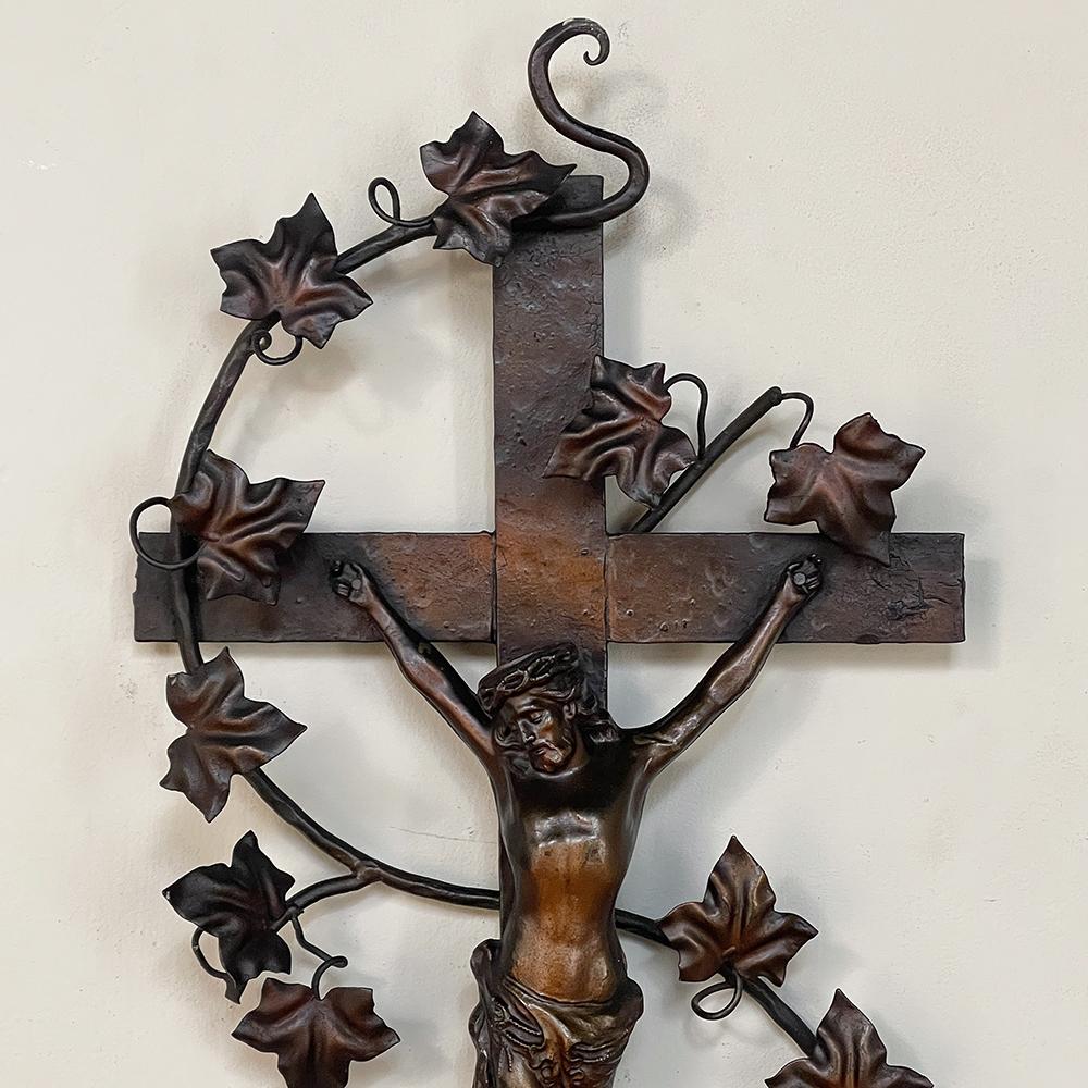 Hand-Crafted Antique Painted Wrought Iron Crucifix For Sale
