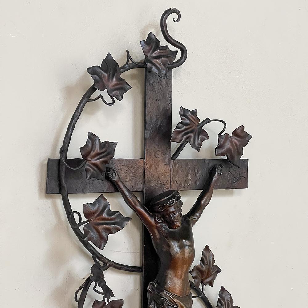 20th Century Antique Painted Wrought Iron Crucifix For Sale