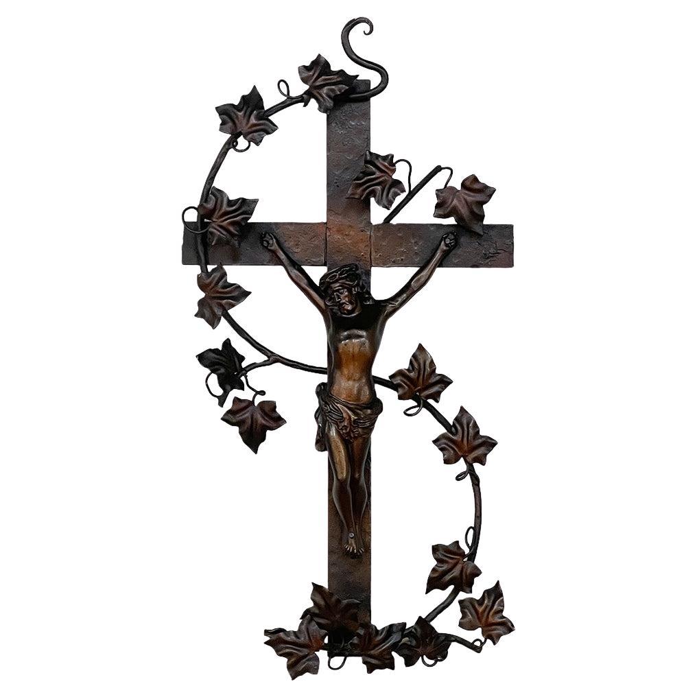 Antique Painted Wrought Iron Crucifix For Sale