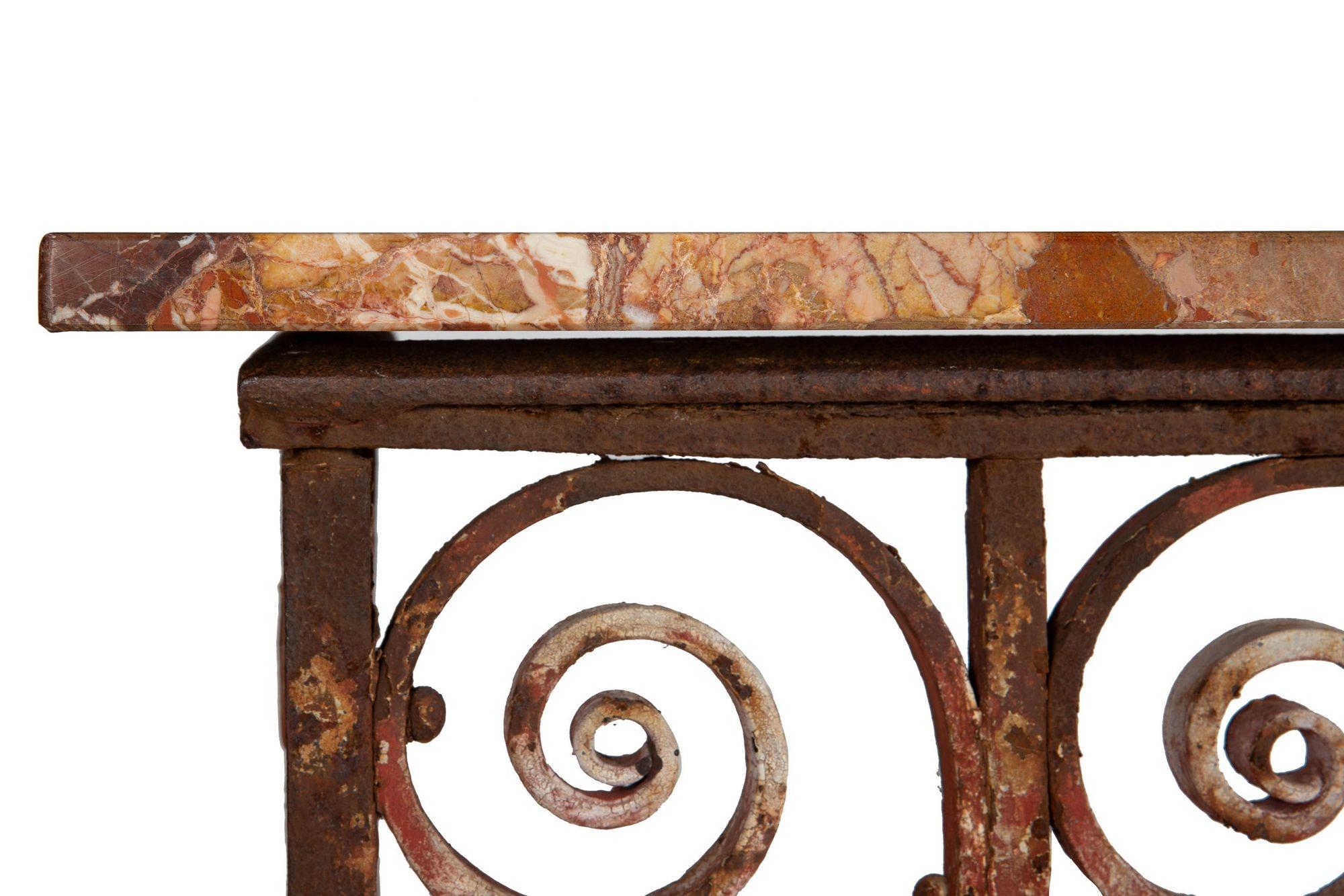 Antique Painted Wrought-Iron Red Marble Architectural Console Pier Table For Sale 11