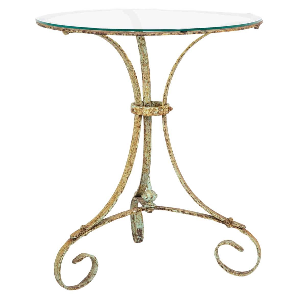 Antique Painted Wrought Iron Strapwork Garden Table Glazed Top. c.1940