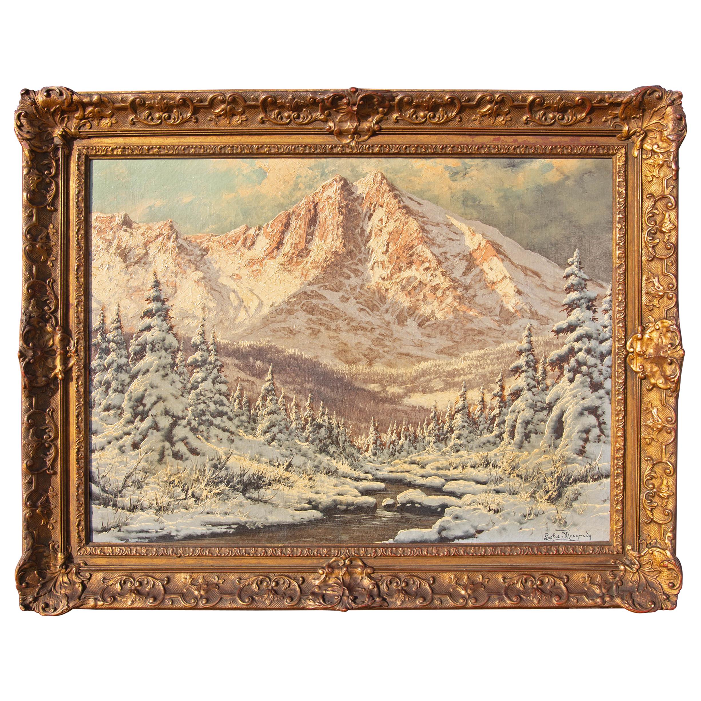 Antique Painting Alpine Landscape by Lazlo Neogrady