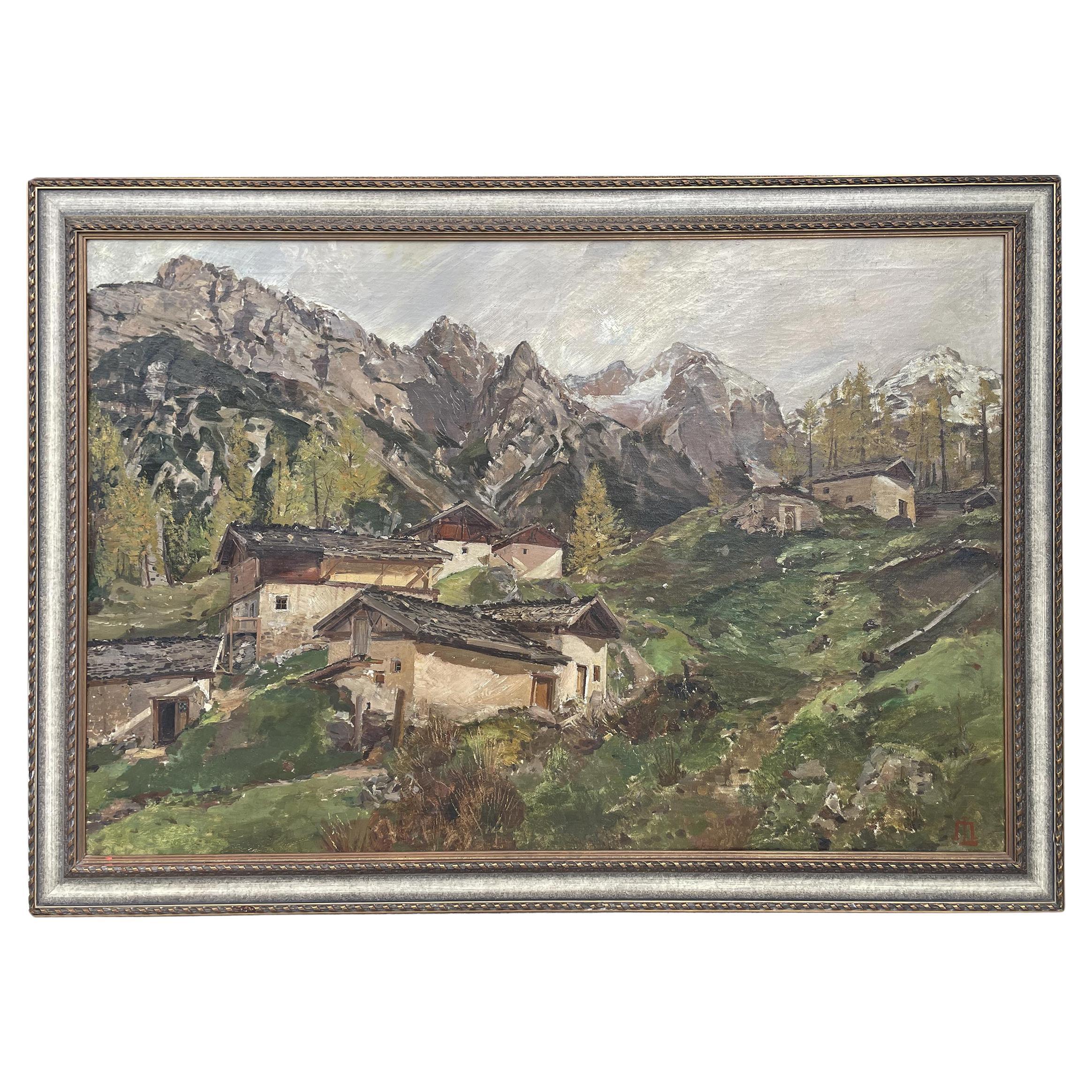 Antique Painting Alpine Landscape, "Tirecorne, Courmayeur", Oil On Canvas in vendita