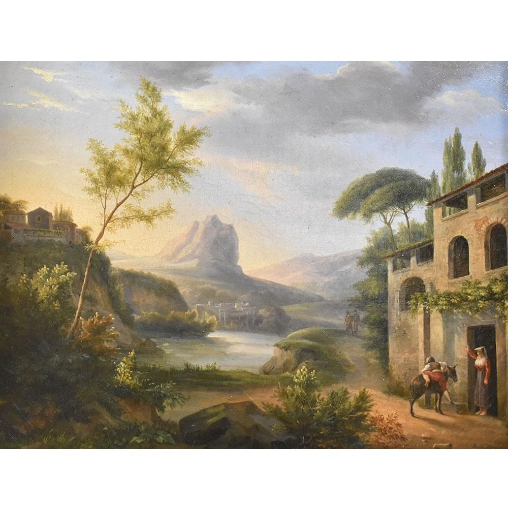 Antique Painting, Landscape painting, scenery painting which represents 
a Animated Italian Landscape, old landscape, 19th century. 
Oil on canvas from the nineteenth century.

Antique paintings of landscapes, and painted in warm, bright