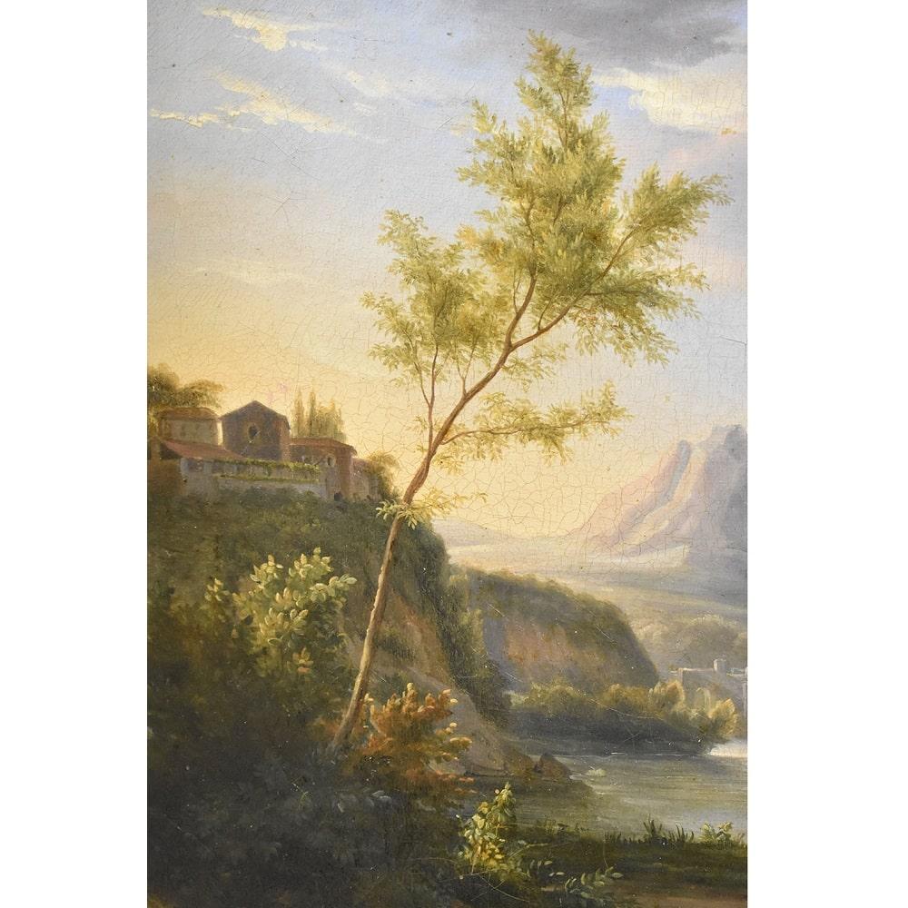 Louis Philippe Antique Painting, Animated Italian Landscape, Nature Painting, XIX Century
