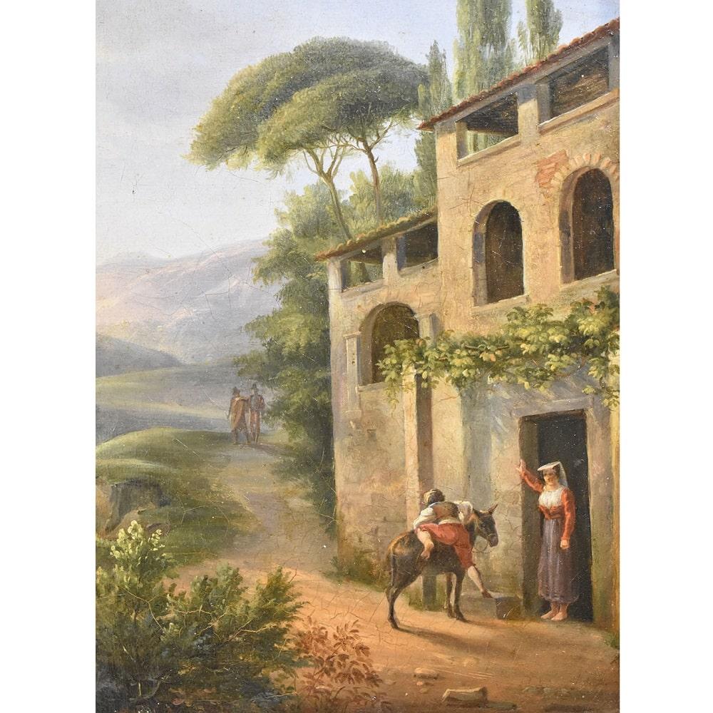 French Antique Painting, Animated Italian Landscape, Nature Painting, XIX Century