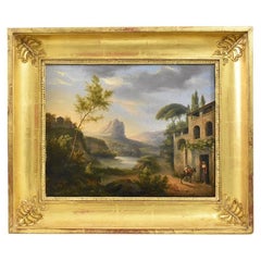 Antique Painting, Animated Italian Landscape, Nature Painting, XIX Century
