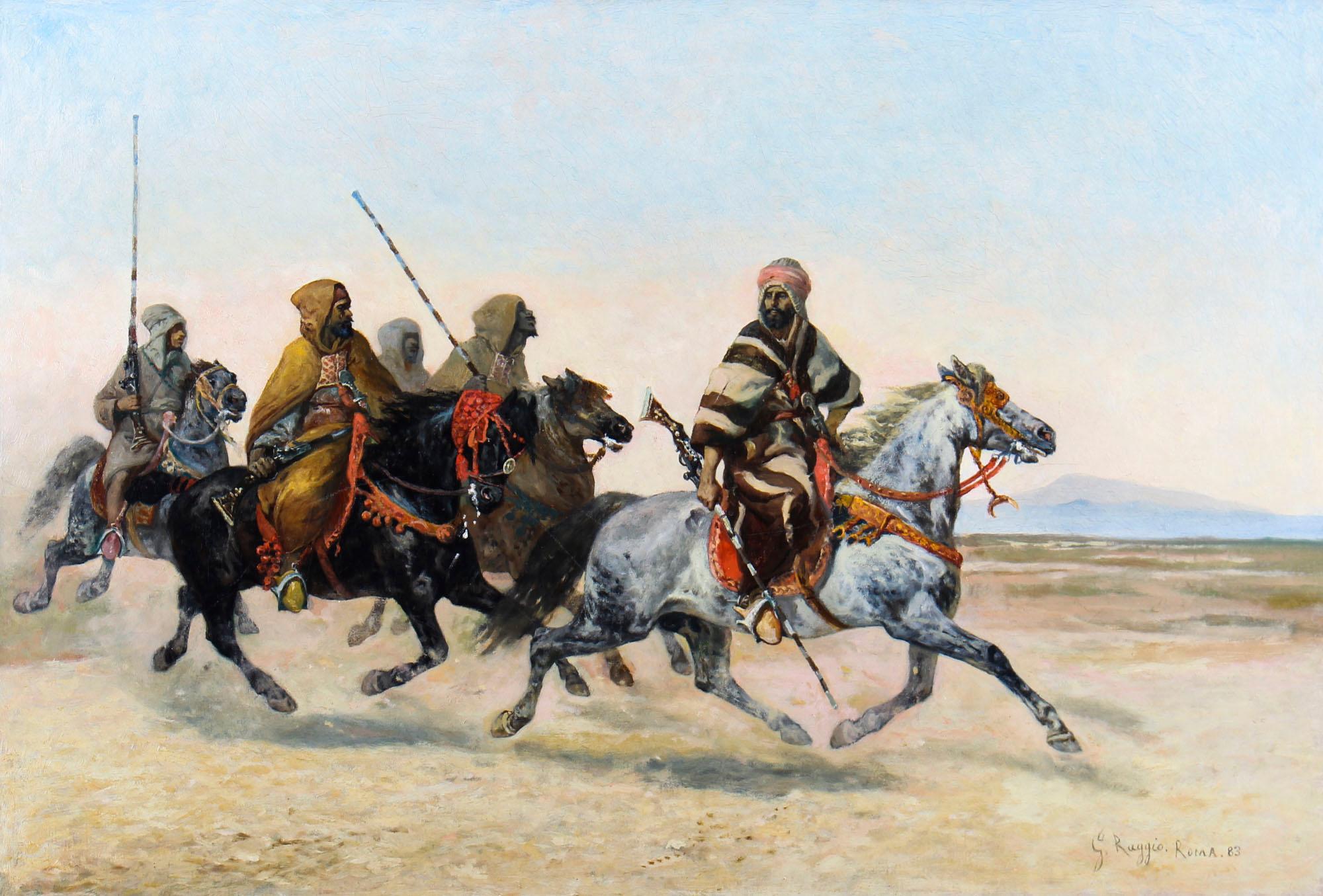 This is a dramatic antique oil on canvas painting of a Bedouin war party by the renowned Italian artist Giuseppe Raggio, signed and dated , Roma 83, for 1883.

The painting features five tradionally dressed Bedouin fighters racing their horses