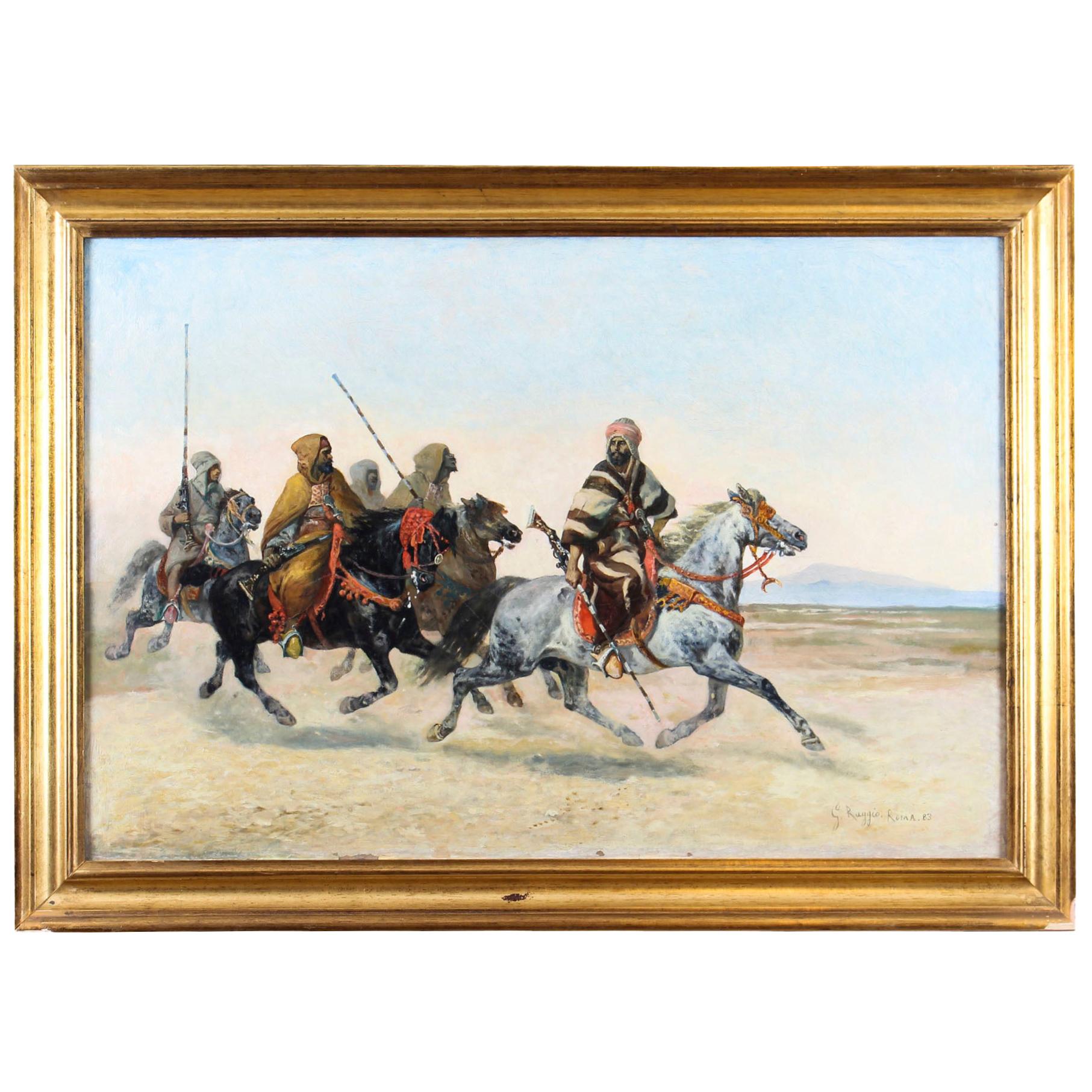 Antique Painting Bedouin War Party by Giuseppe Raggio 1883 19th Century