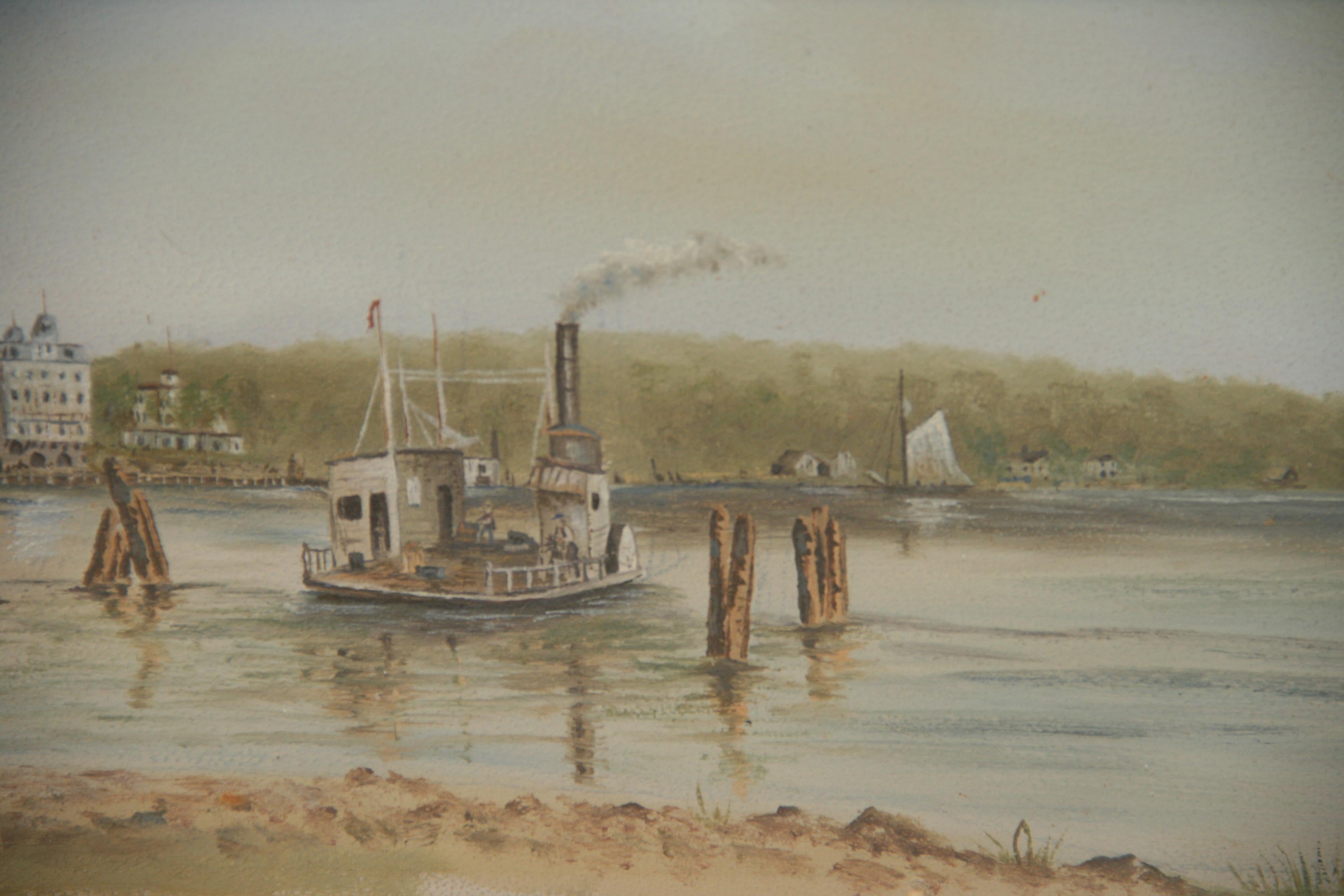Pintura antigua Barcos por el Mississippi