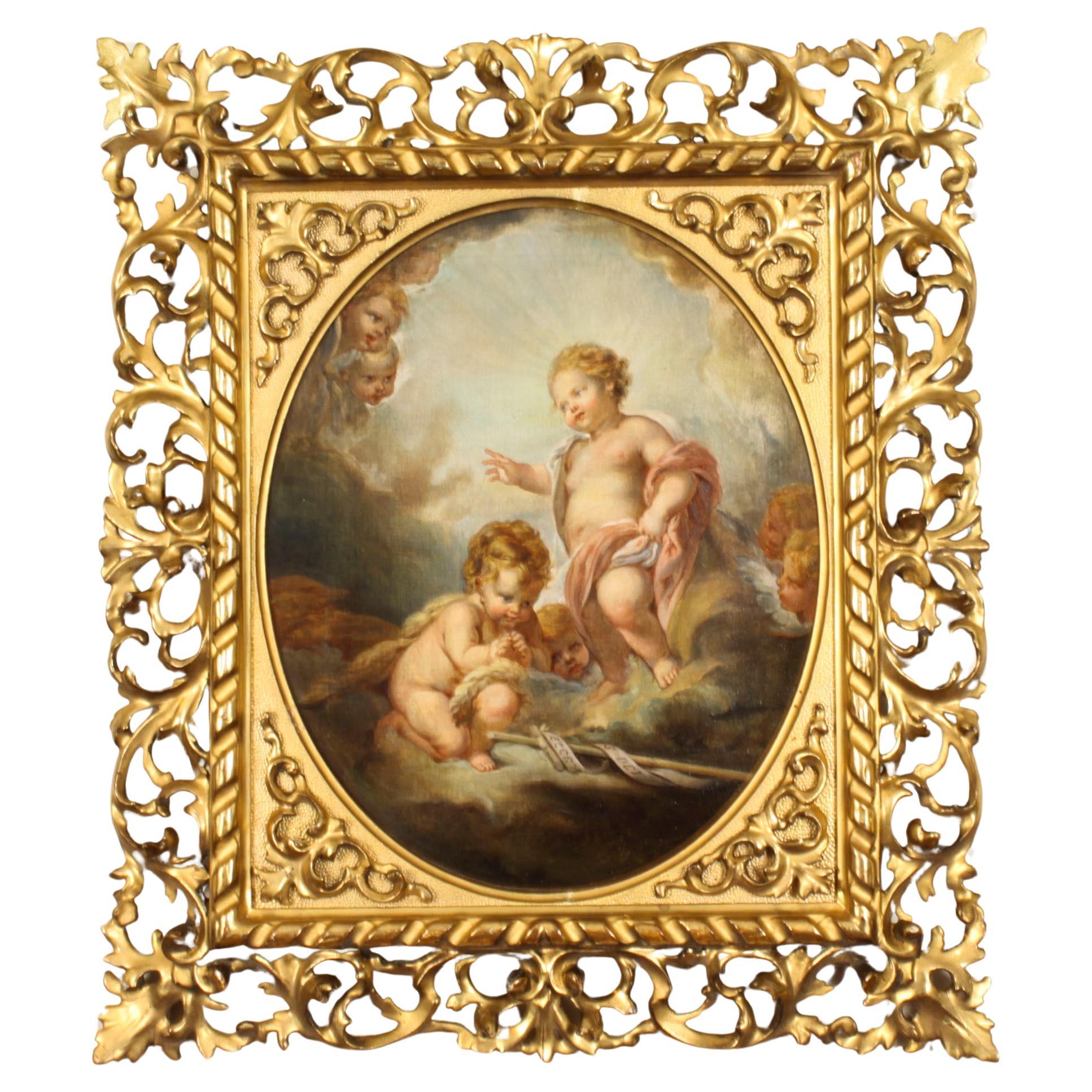 Antique Painting Boy Jesus In Florentine Frame 19thC