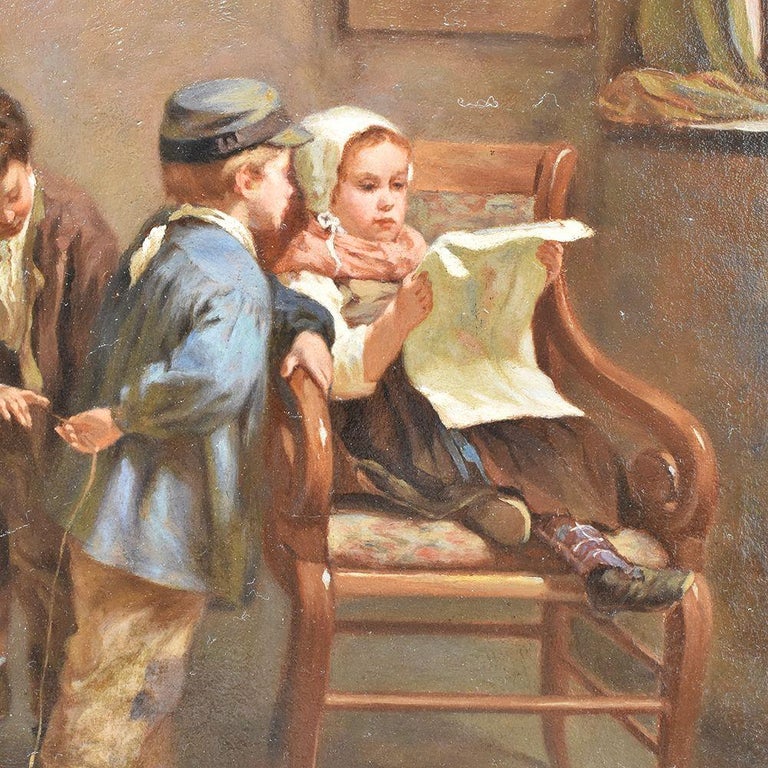 Antique Painting, Children playing Portrait Painting, Oil Painting, XIX