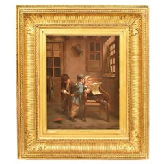 Peinture ancienne, enfants jouant de portraits, peinture à l'huile, XIXe siècle