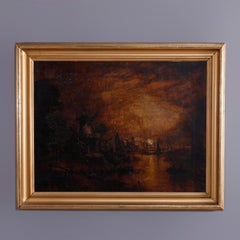 Antique Painting, Dutch Harbor Scene On The Bure Yarmouth, by J.B. Crome, 19th C