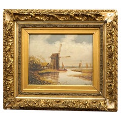 Antique Painting, Dutch Windmill Scene, Artist Signed, C1890