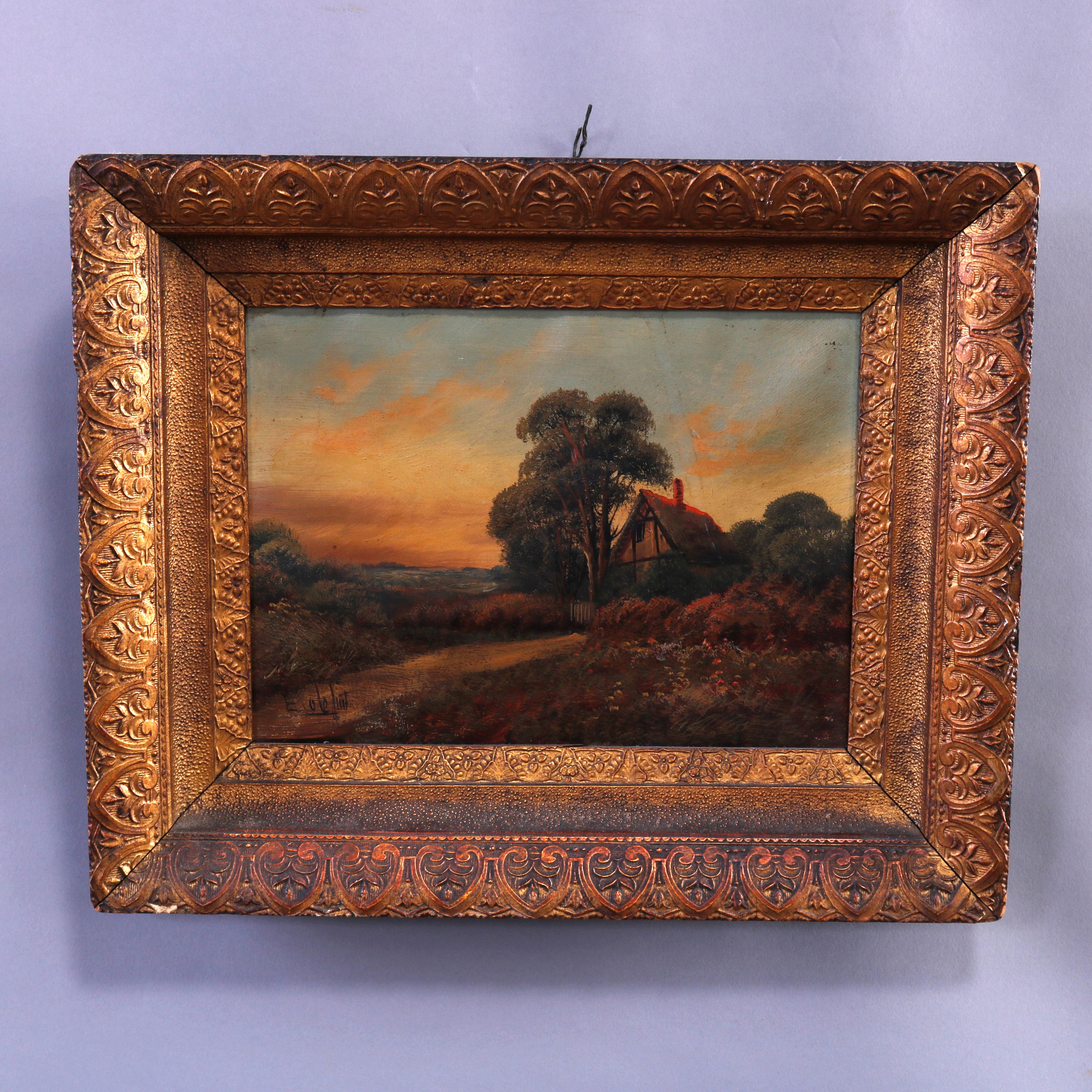 An antique painting by E. Cole offers countryside scene with cottage, lower left artist signed, seated in giltwood frame

Measures - overall 14.25''h x 17''w x 2.75''d; sight 12.25'' x 9.25''.