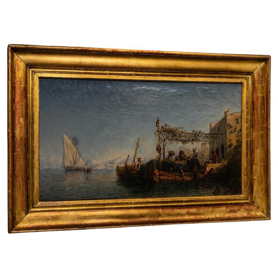 Antique Painting Eugene Lepoittevin Signed and Dated 1851 Mediterranean Marina For Sale