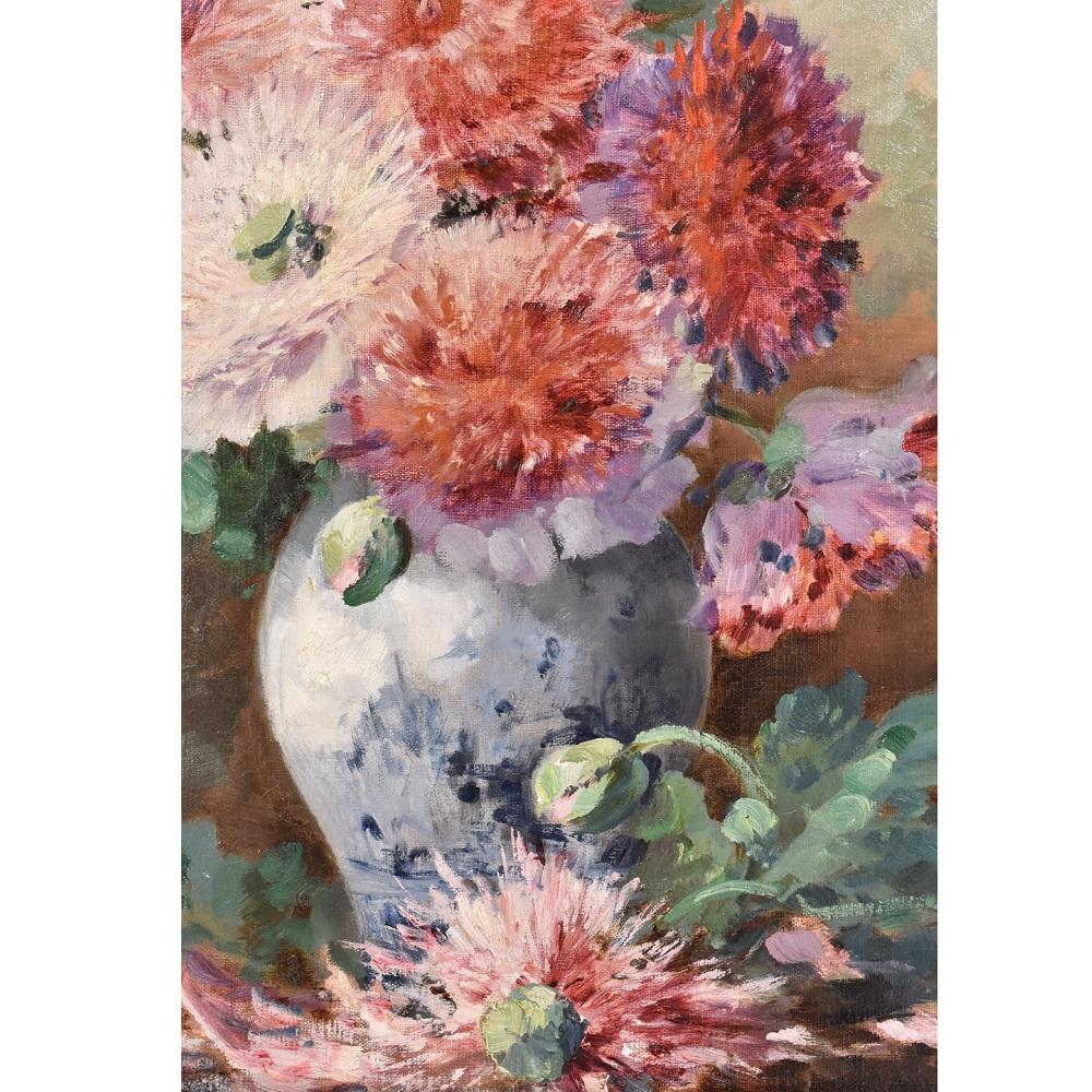 Flowers artwork, oil painting, floral vase painting which represents Peonies, placed in one faience vase.
It also has a golden frame realised in the 1800s.

The oil on canvas painting dates back to the late nineteenth Century and it represent one