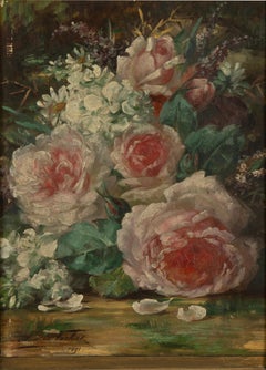 Pittura antica - Natura morta floreale Rose rosa - di Marie Verhas - 1891