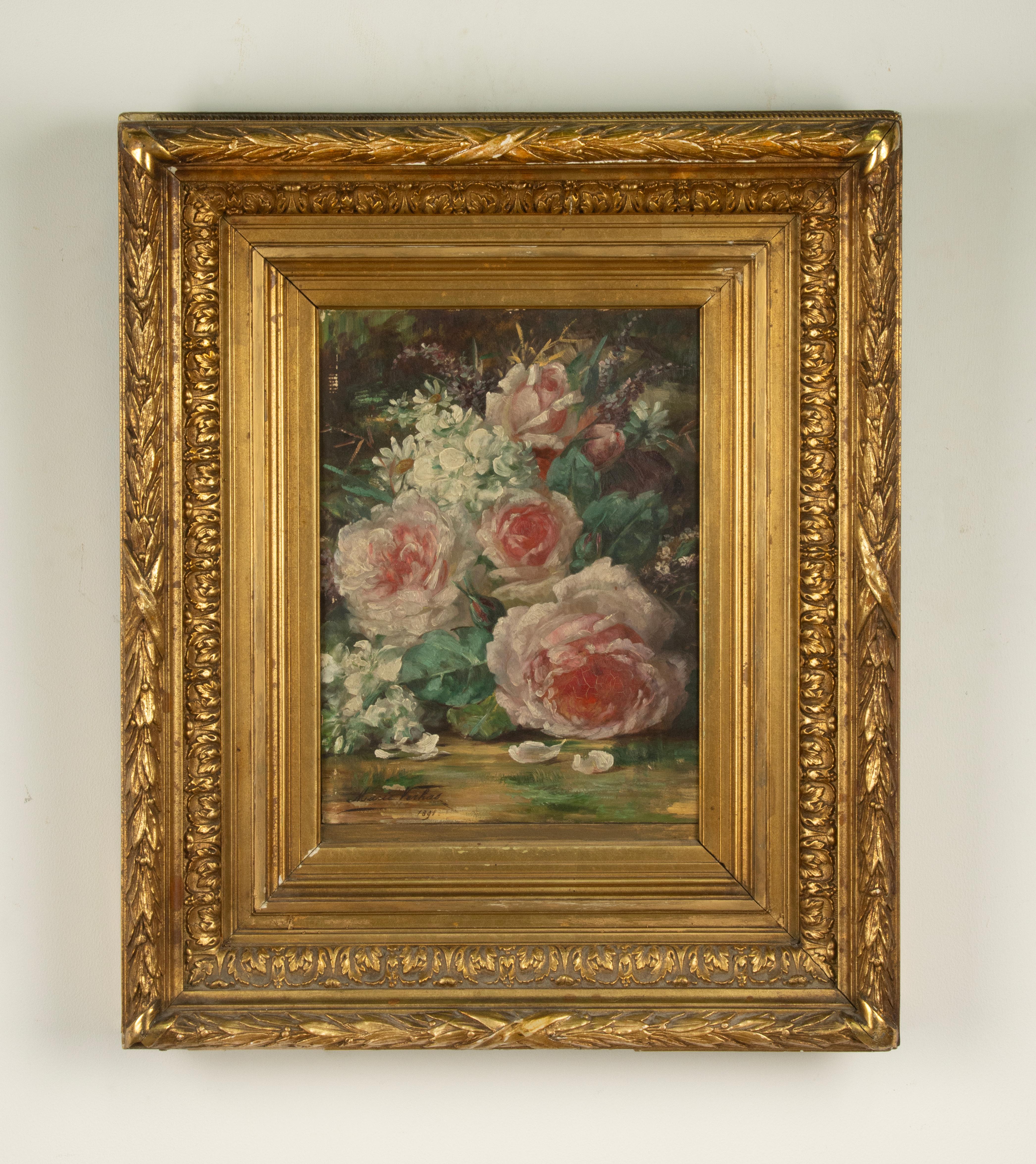 Belle Époque Pittura antica - Natura morta floreale Rose rosa - di Marie Verhas - 1891 in vendita