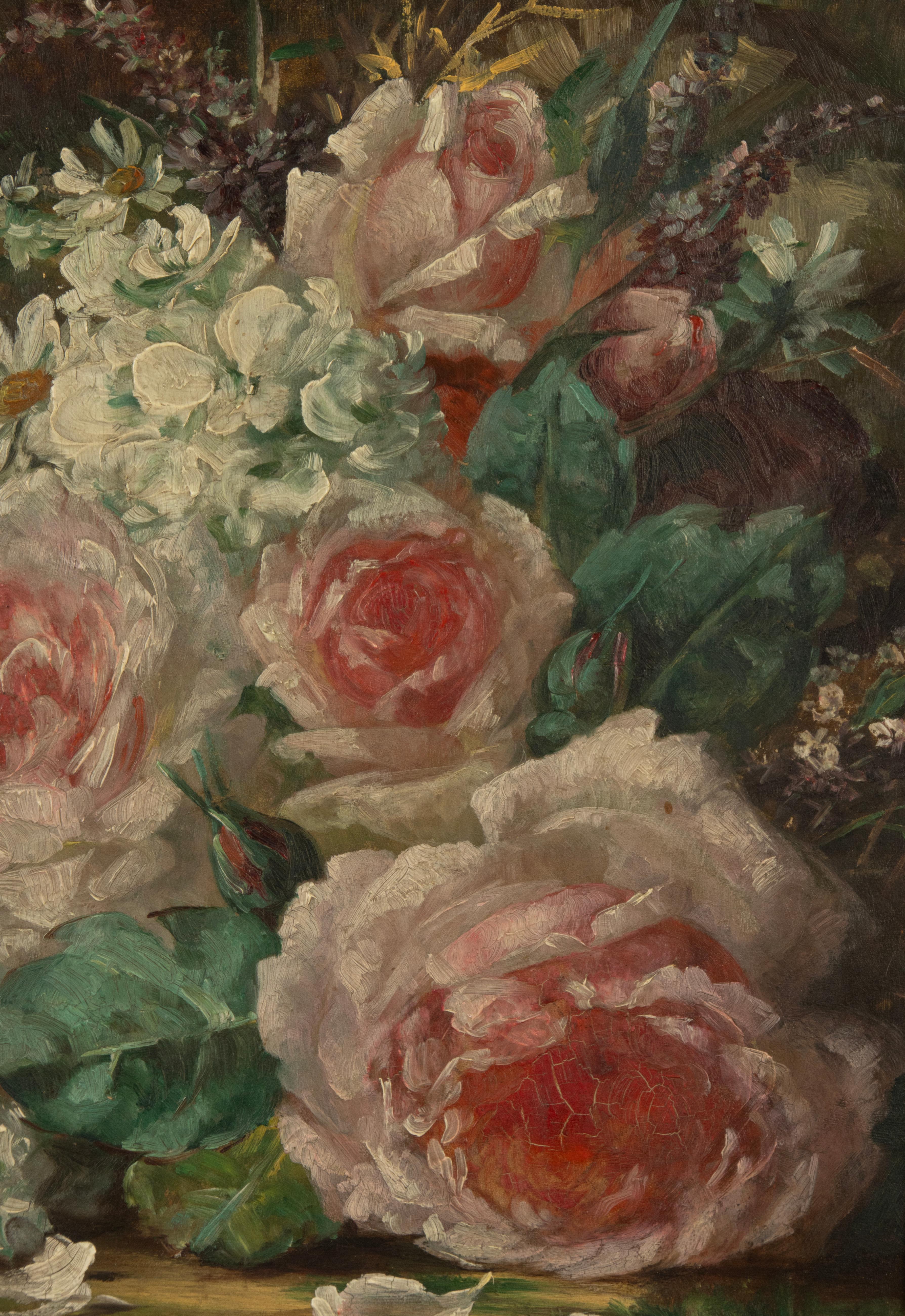 Dipinto a mano Pittura antica - Natura morta floreale Rose rosa - di Marie Verhas - 1891 in vendita