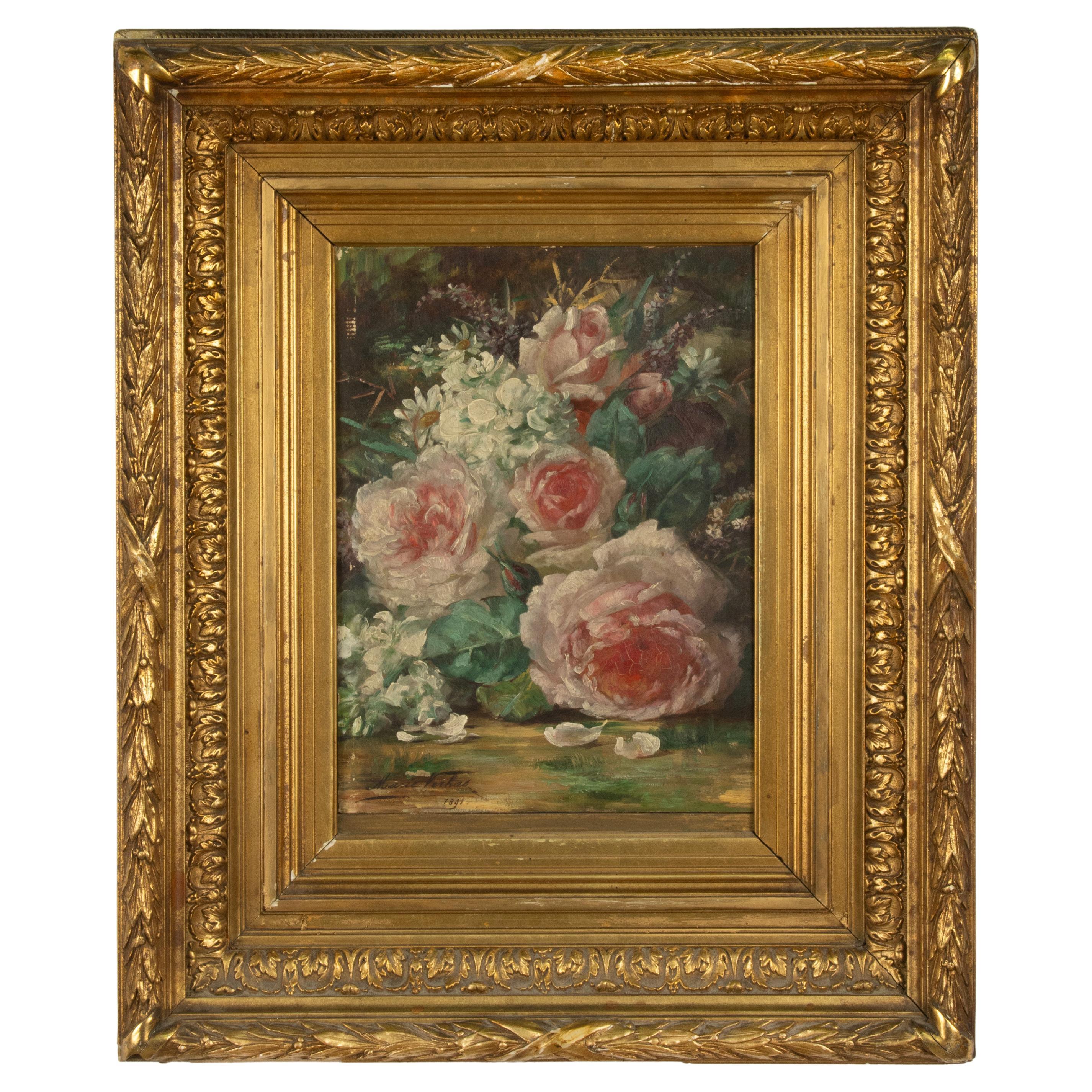 Pintura Antigua - Naturaleza Muerta Floral Rosas Rosas - por Marie Verhas - 1891