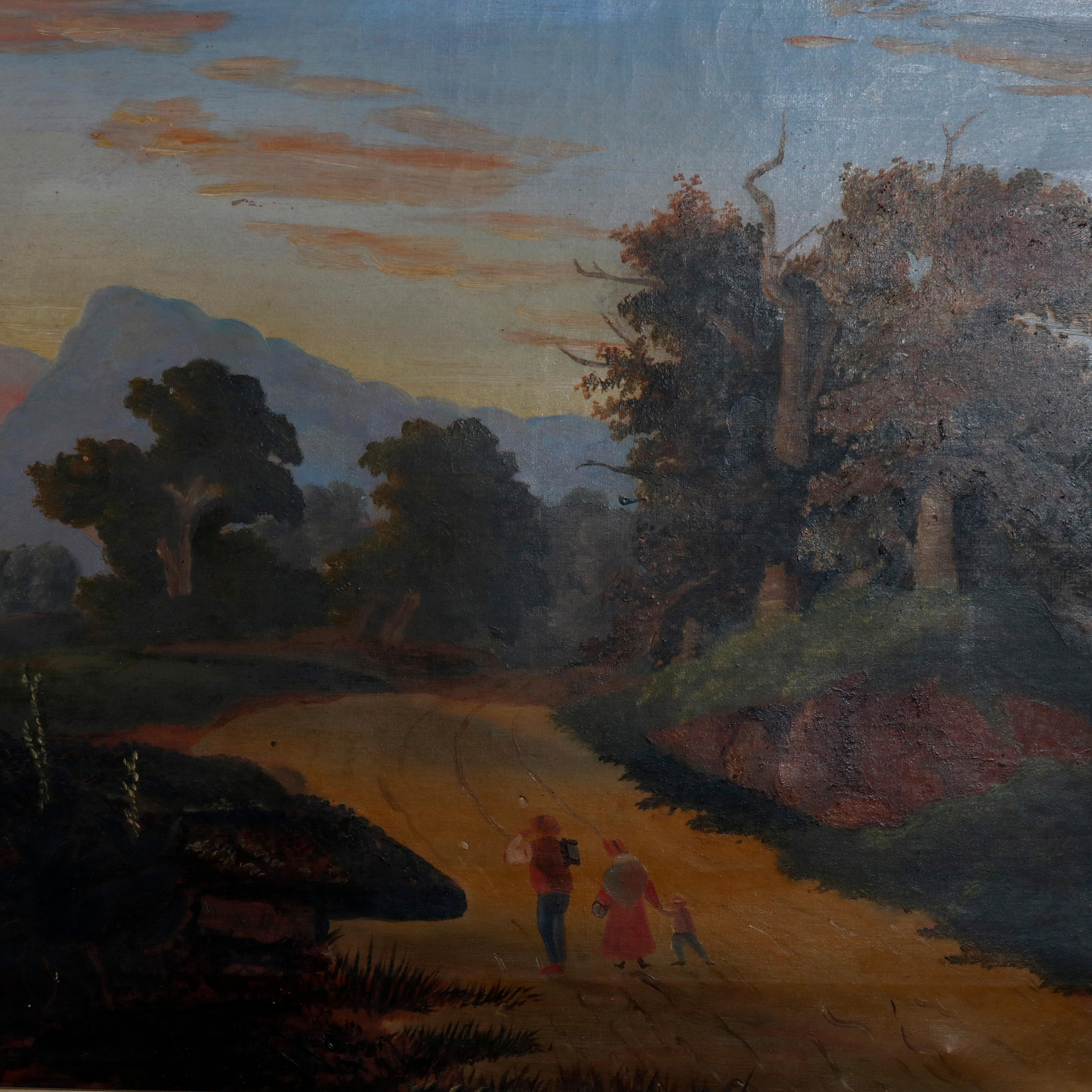 An antique painting offers Folk Art oil on canvas depicts countryside setting with road and figures seated in first finish lemon gilt frame, circa 1860

Measures- 23