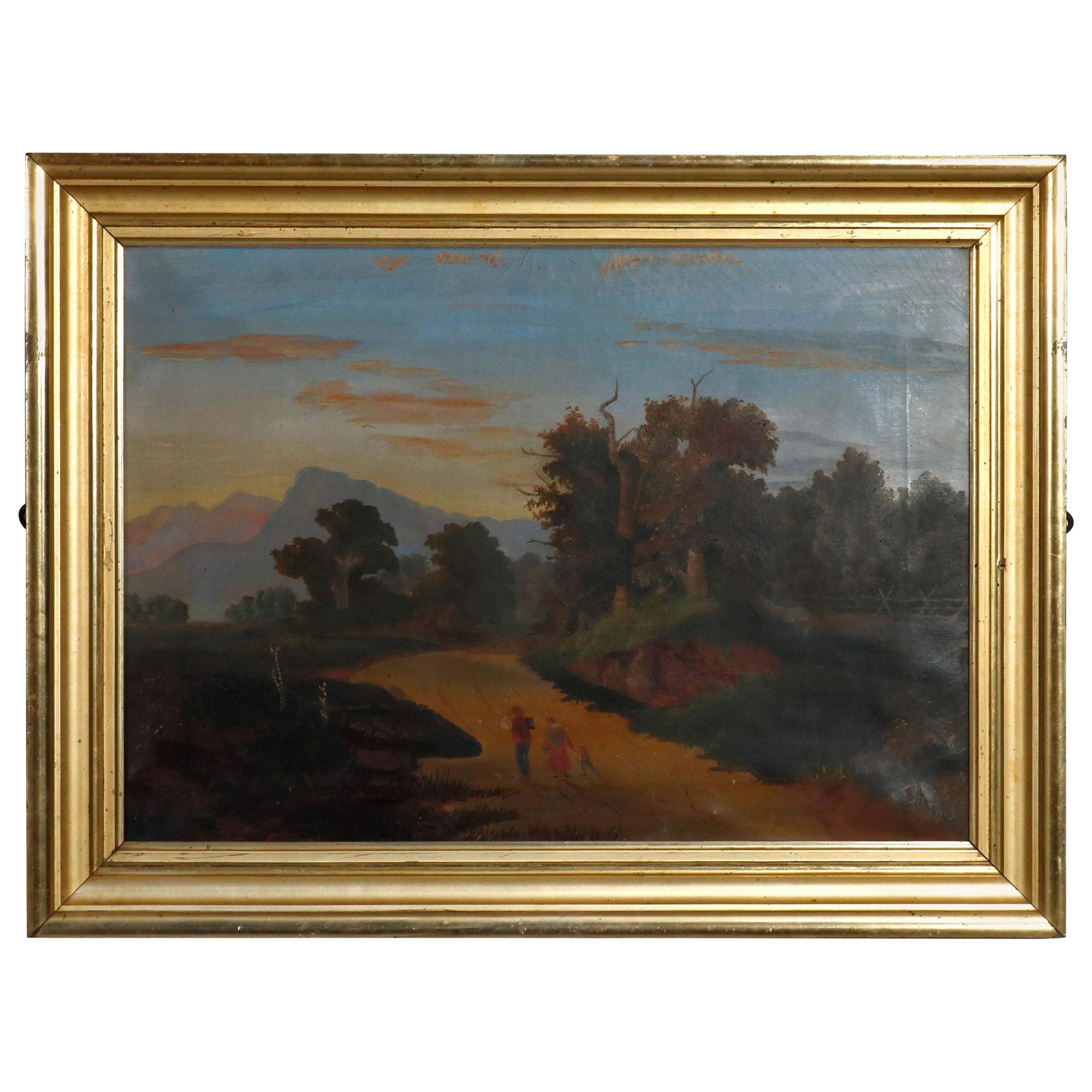 Antique Painting Folk Art Landscape in First Finish Lemon Gilt Frame, circa 1860
