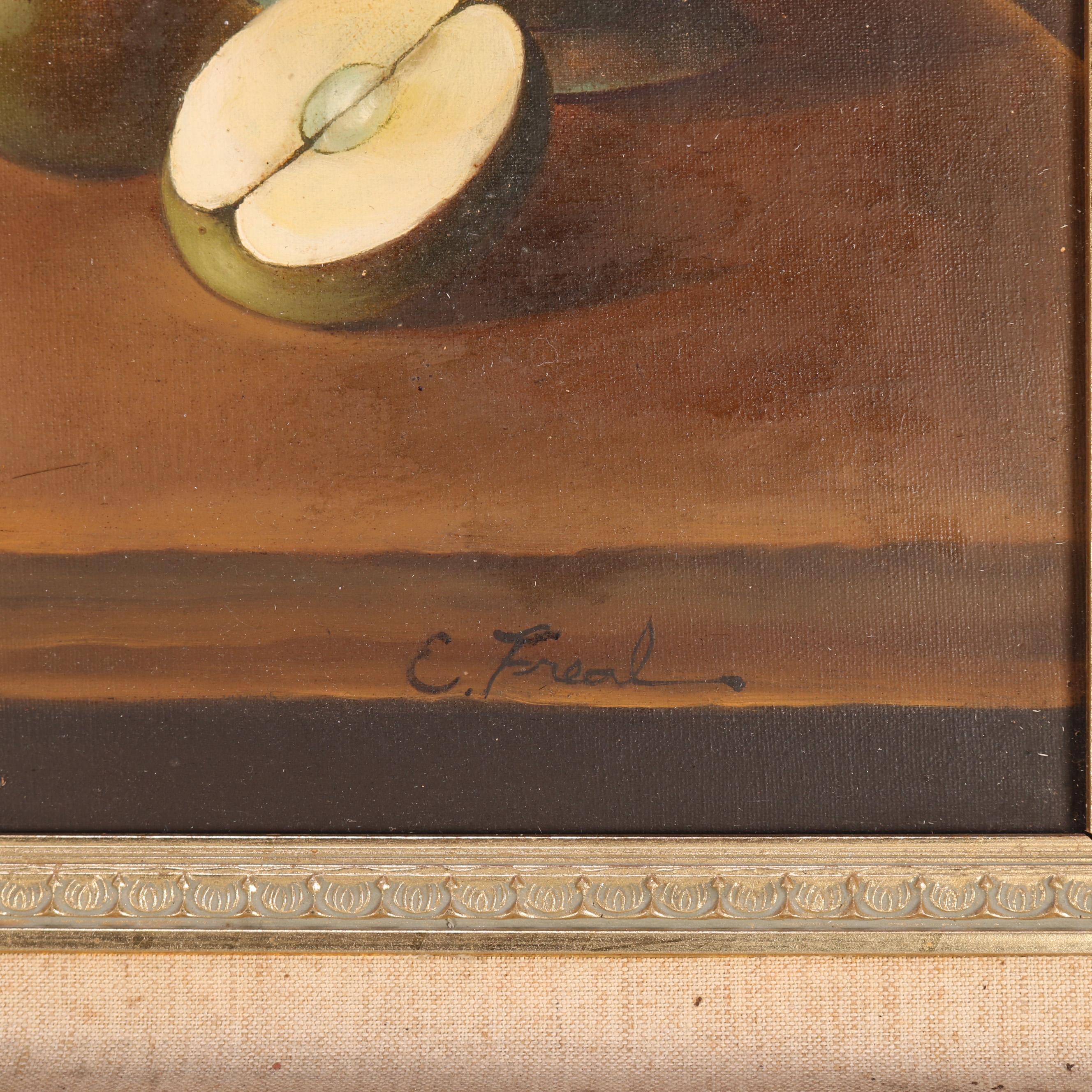 An antique painting depicts fruit still life oil on canvas of pears and apples on table top, artist signed lower right as photographed, seated in giltwood frame, circa 1920

Measures: 21