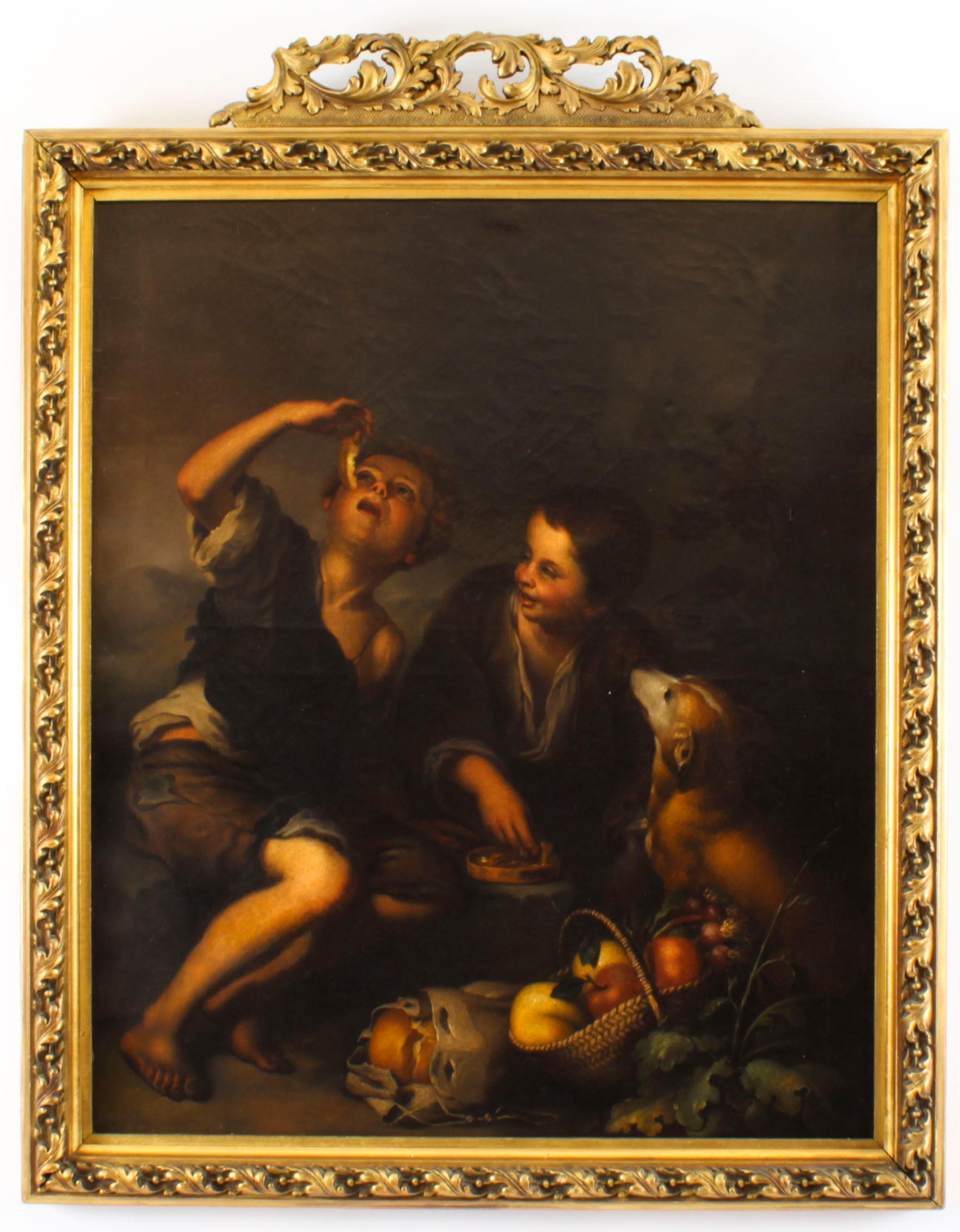 Antique Painting Grape and Melon Eaters After Bartolome' Murillo 18th C For Sale 5