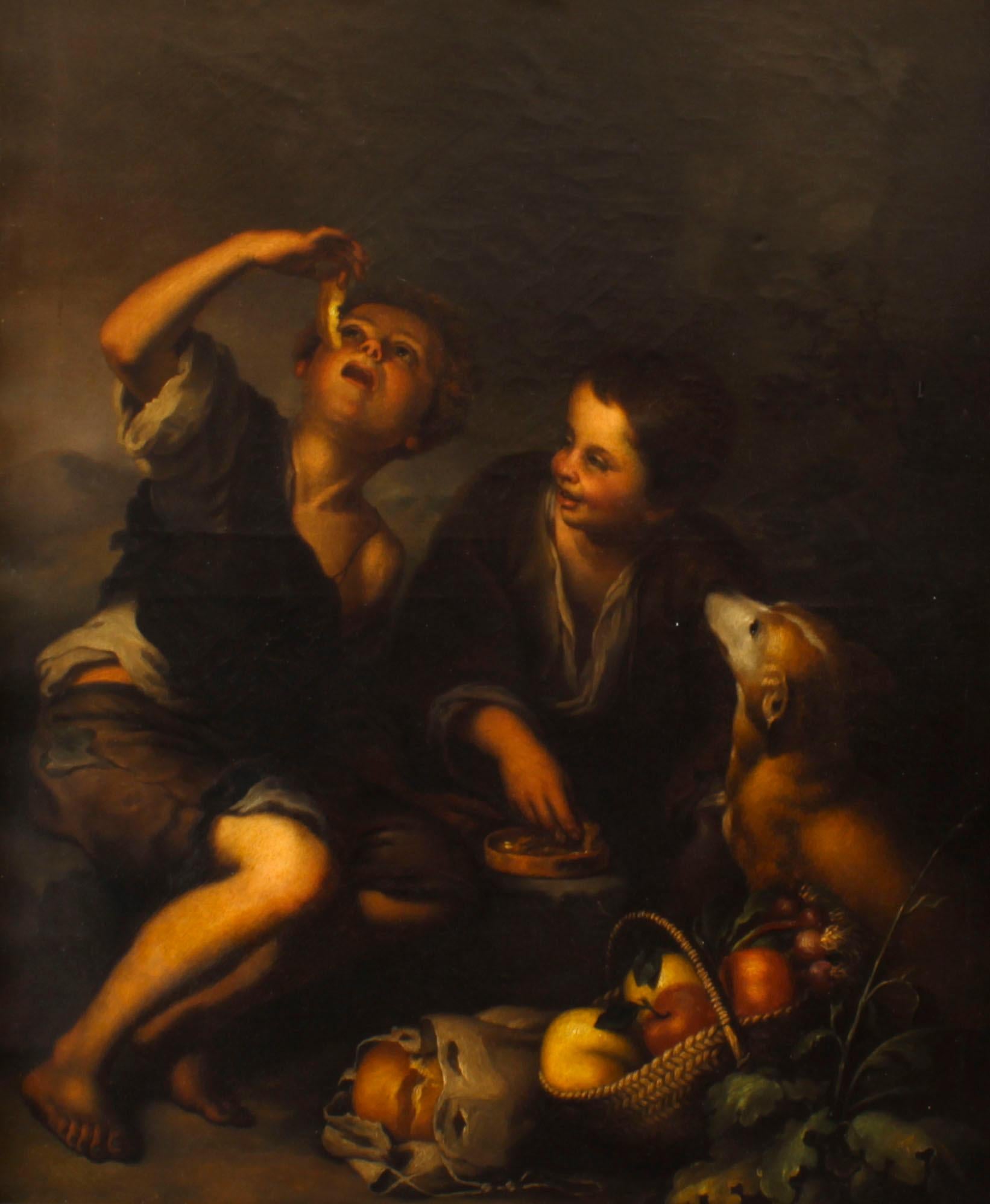 This is a delightful antique Spanish oil on canvas painting after Bartolome' Esteban Murillo, depicting two peasant boys eating grapes and melon, Circa 1780 in date. 
 
It features a dog staring at two seated boys while they eat fruit with a basket