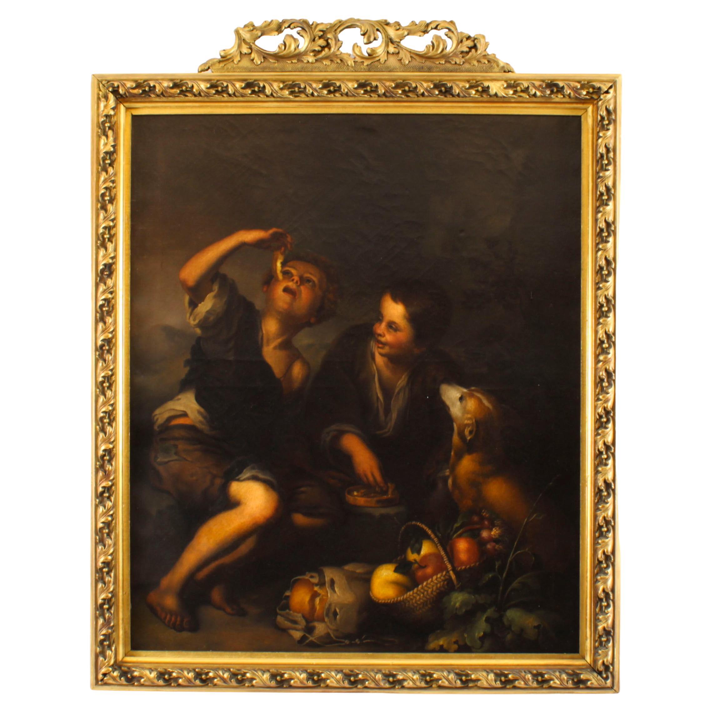 Antique Painting Grape and Melon Eaters After Bartolome' Murillo 18th C For Sale