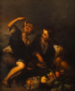 Antique Painting Grape and Melon Eaters After Bartolome' Murillo 18th Century