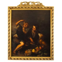 Antique Painting Grape and Melon Eaters After Bartolome' Murillo 18th Century
