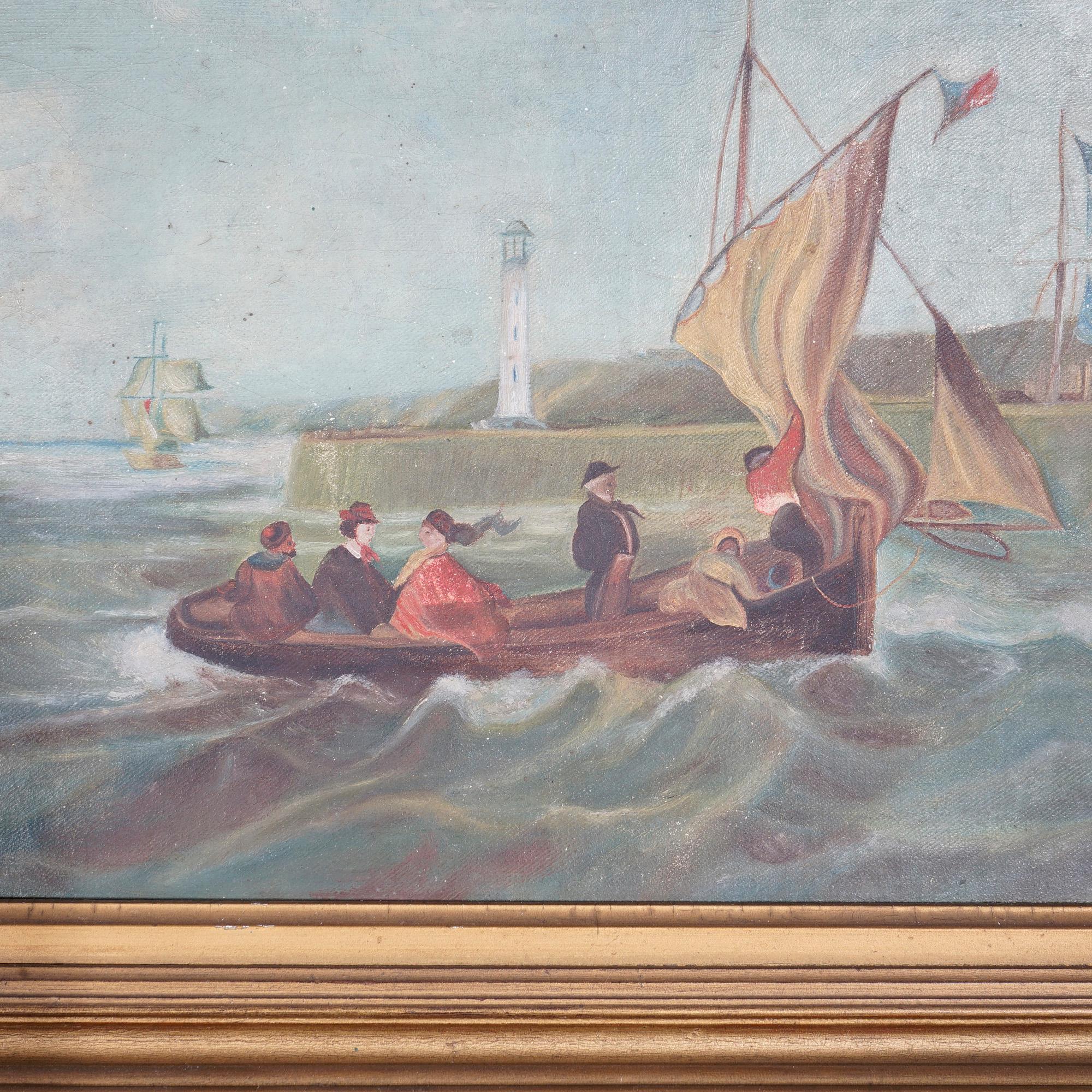Antique Painting, Harbor Scene with Boats, Figures & Lighthouse, 19th C 5