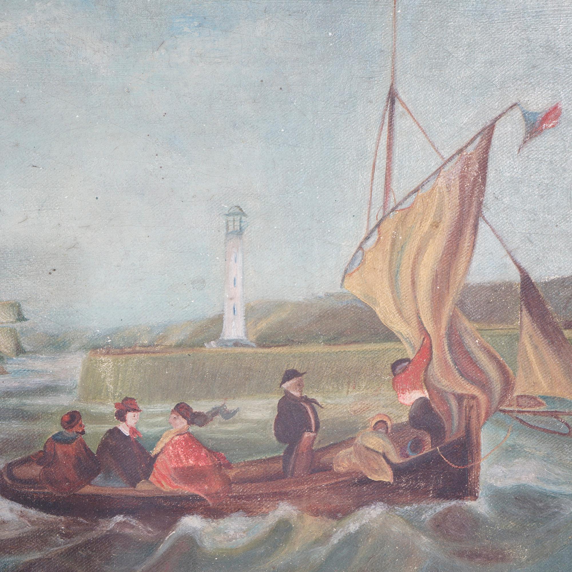 Hand-Painted Antique Painting, Harbor Scene with Boats, Figures & Lighthouse, 19th C