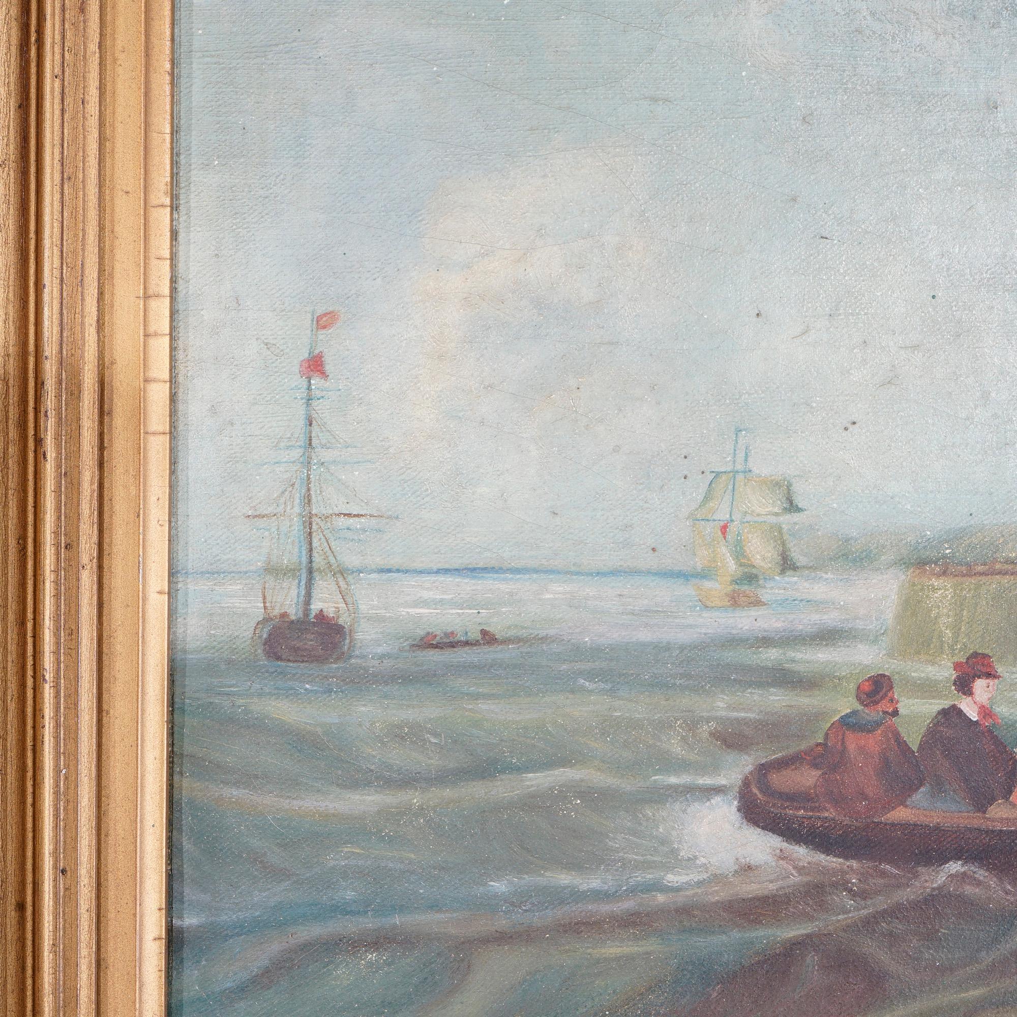 19th Century Antique Painting, Harbor Scene with Boats, Figures & Lighthouse, 19th C