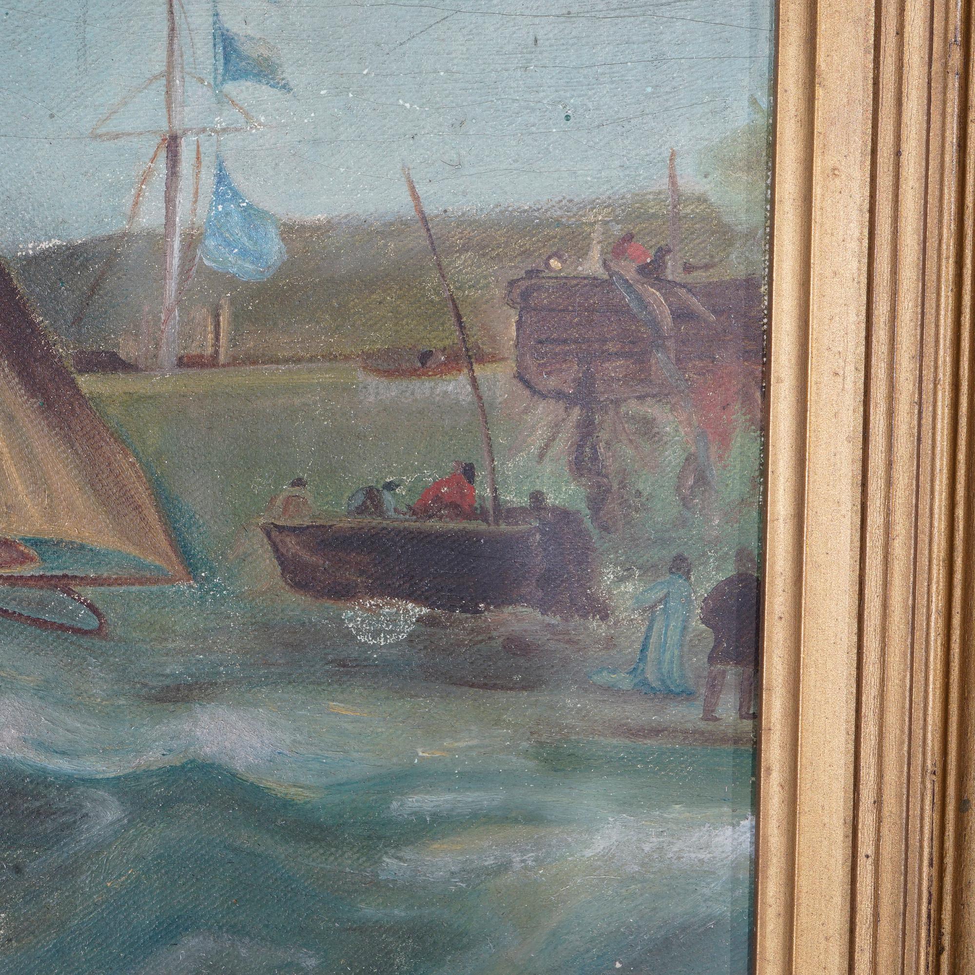 Giltwood Antique Painting, Harbor Scene with Boats, Figures & Lighthouse, 19th C