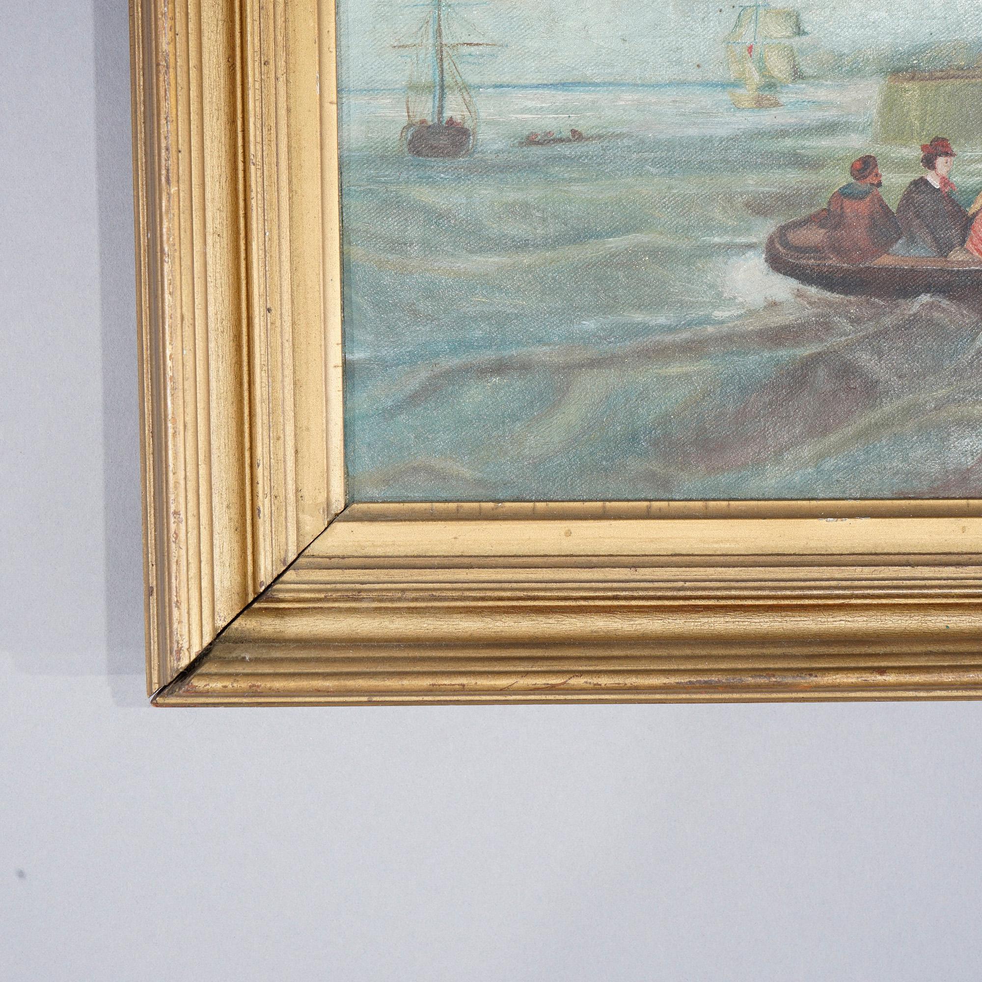 Antique Painting, Harbor Scene with Boats, Figures & Lighthouse, 19th C 1