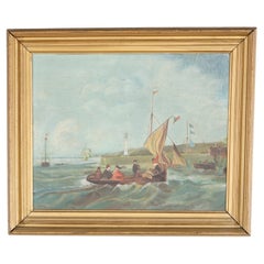 Antique Painting, Harbor Scene with Boats, Figures & Lighthouse, 19th C