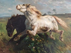 Antique Dutch Painting, Henry Schouten, Belgian Draft Horses, 1900