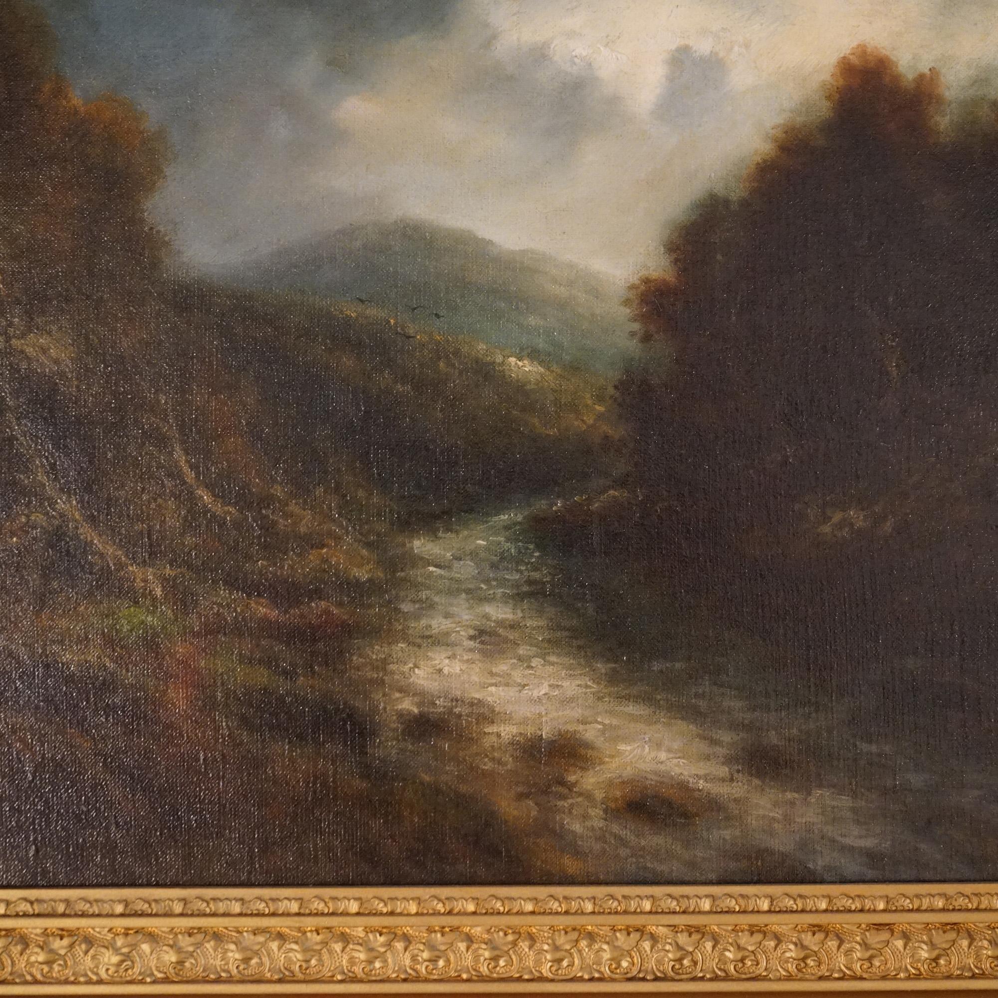 An antique Hudson River School painting by T.B. Griffin offers oil on canvas landscape scene with valley stream, signed lower left, seated in elaborate giltwood frame, 19th century

Measures - overall 29