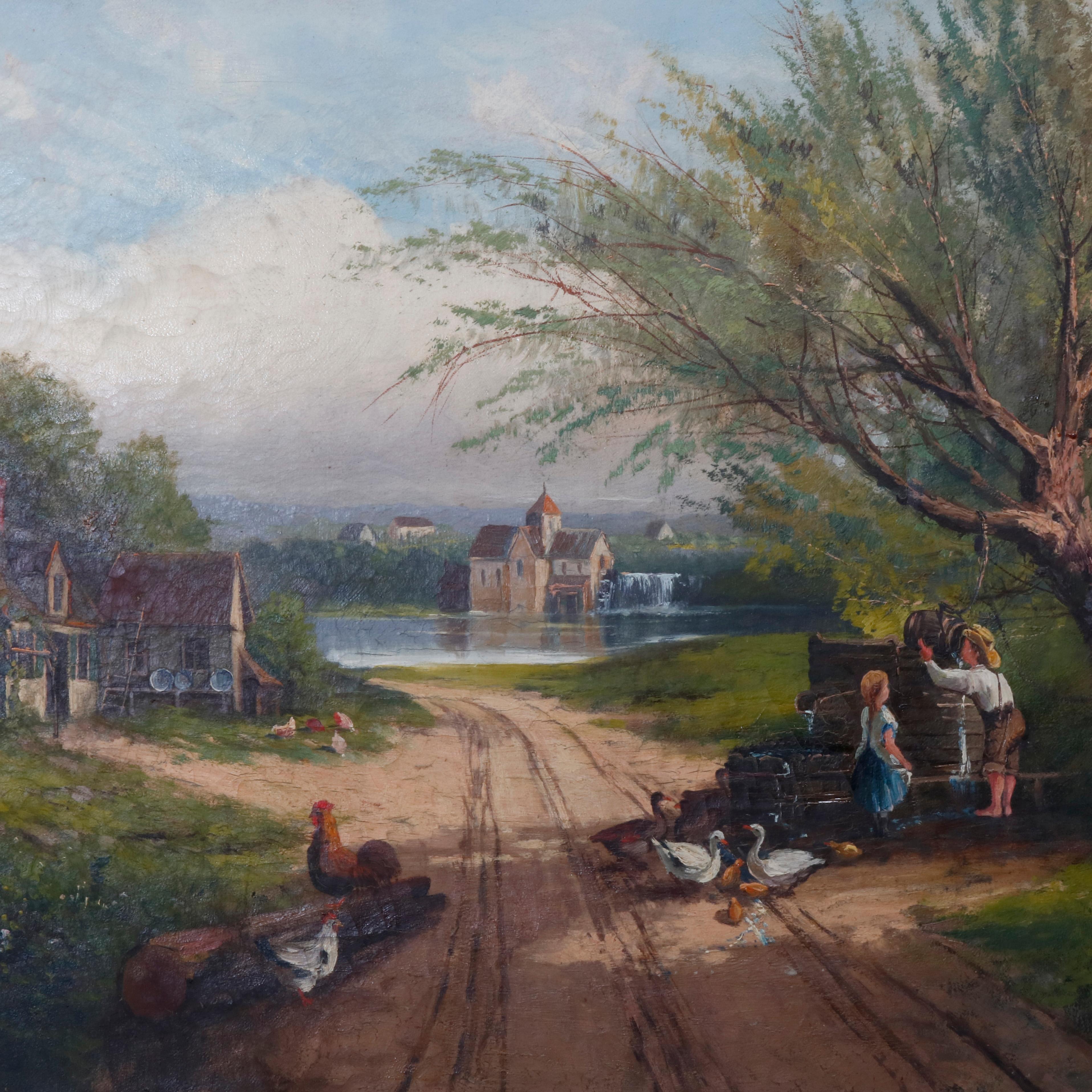 European Antique Painting, Hudson River School Rural Village Scene Oil on Canvas