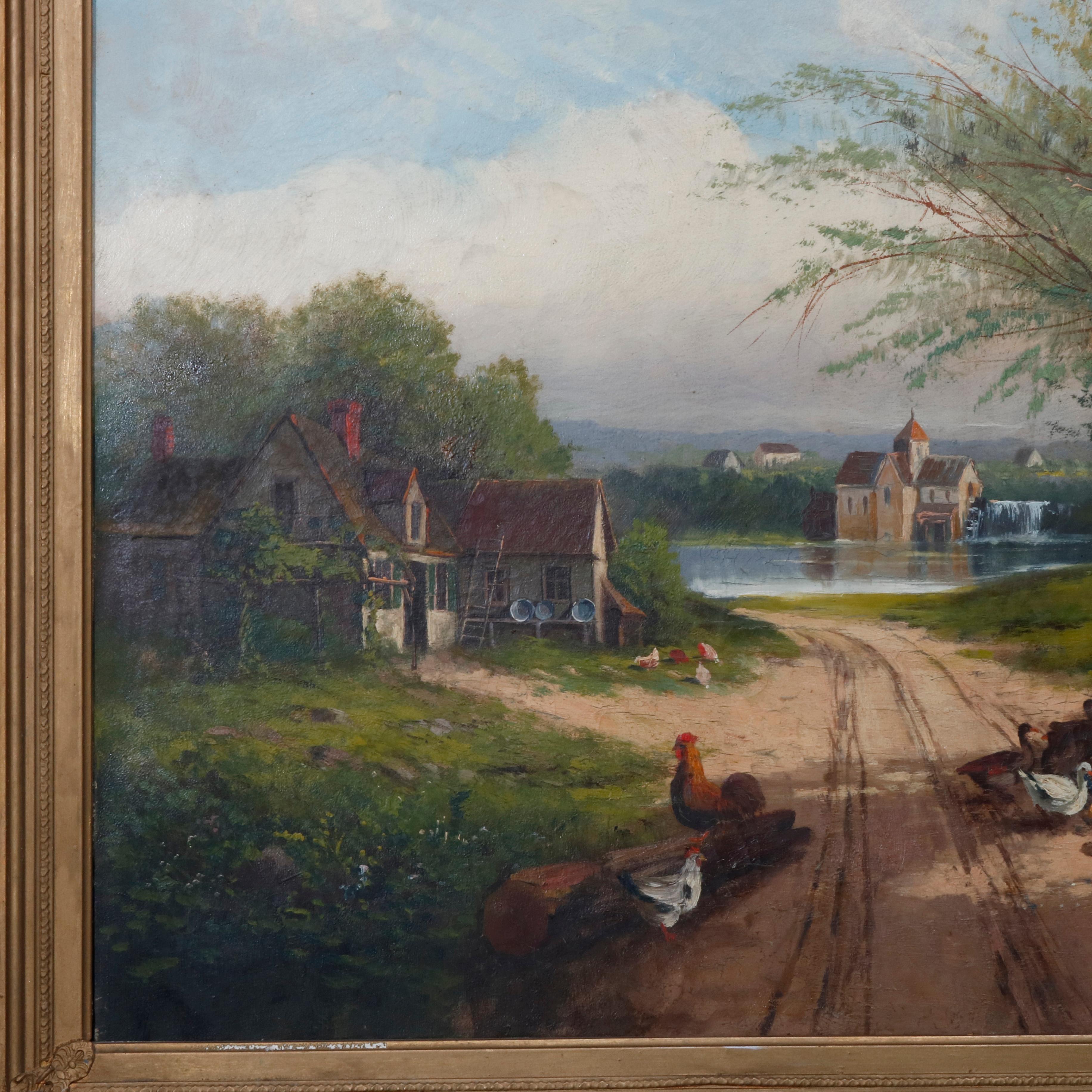 Hand-Painted Antique Painting, Hudson River School Rural Village Scene Oil on Canvas