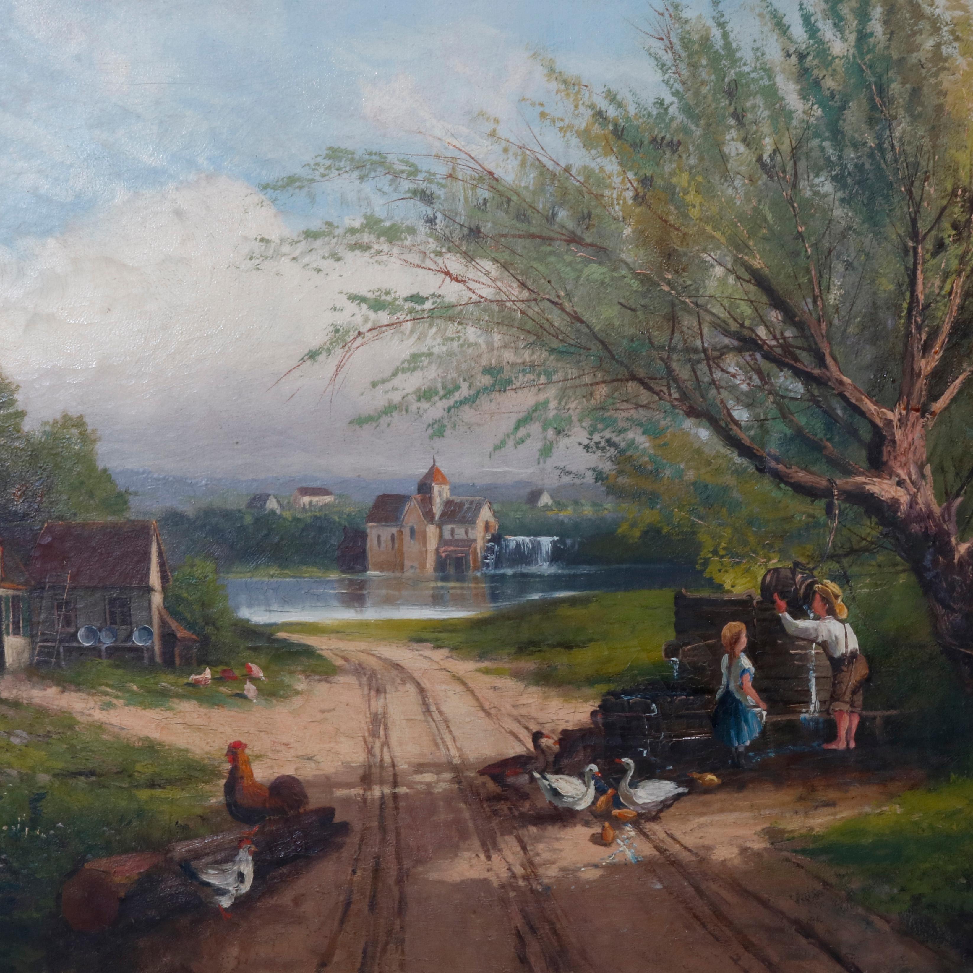 Antique Painting, Hudson River School Rural Village Scene Oil on Canvas In Good Condition In Big Flats, NY