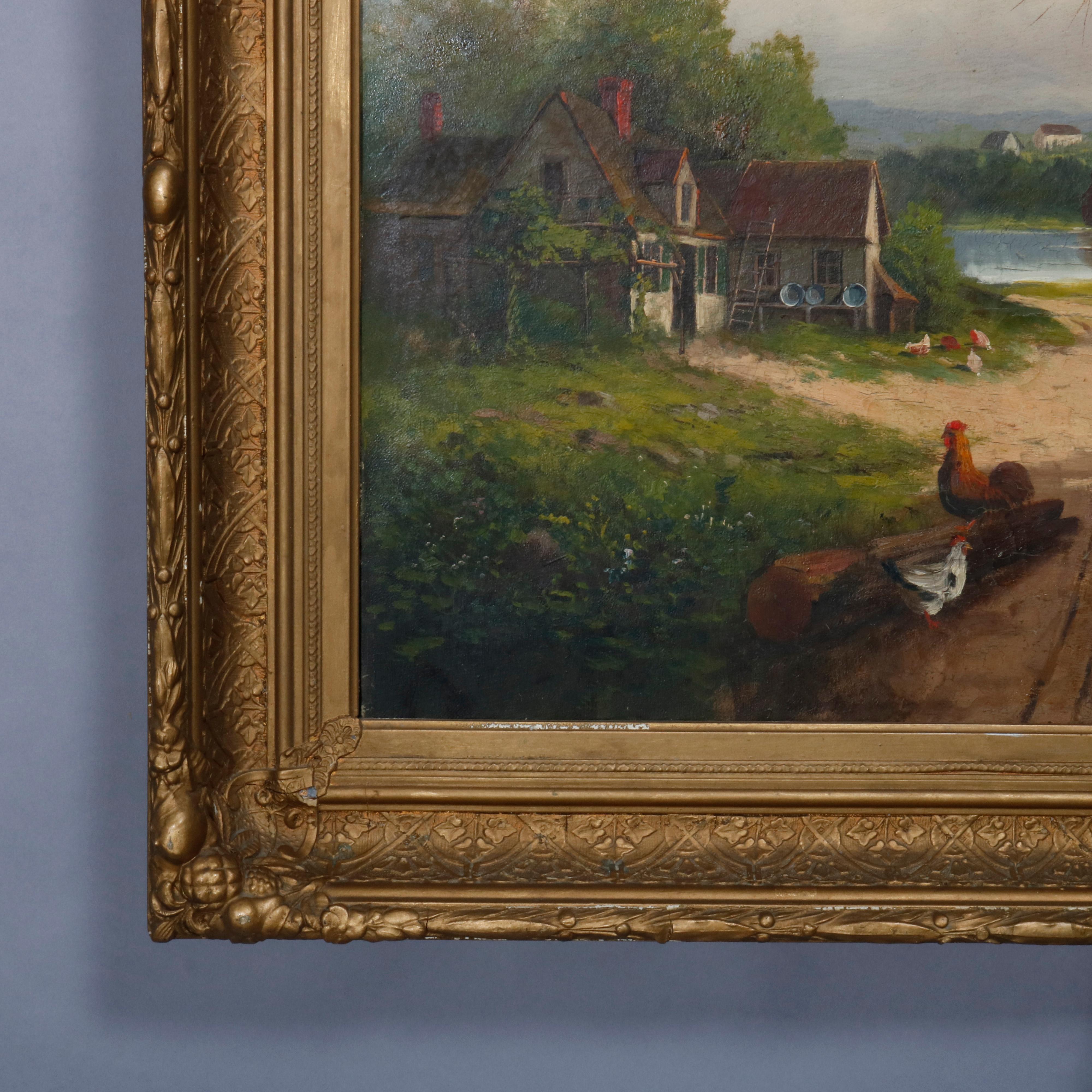 19th Century Antique Painting, Hudson River School Rural Village Scene Oil on Canvas