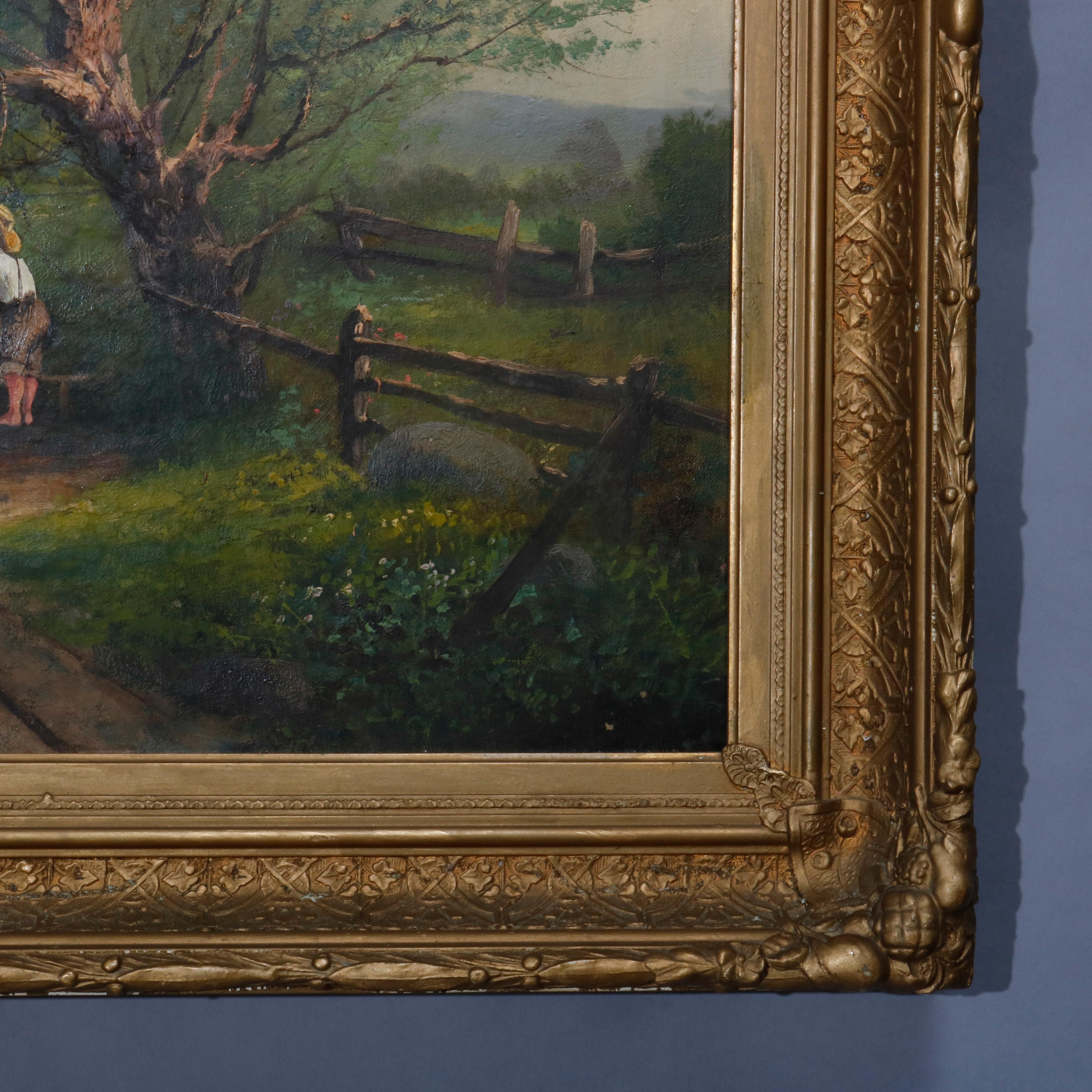 Antique Painting, Hudson River School Rural Village Scene Oil on Canvas 1