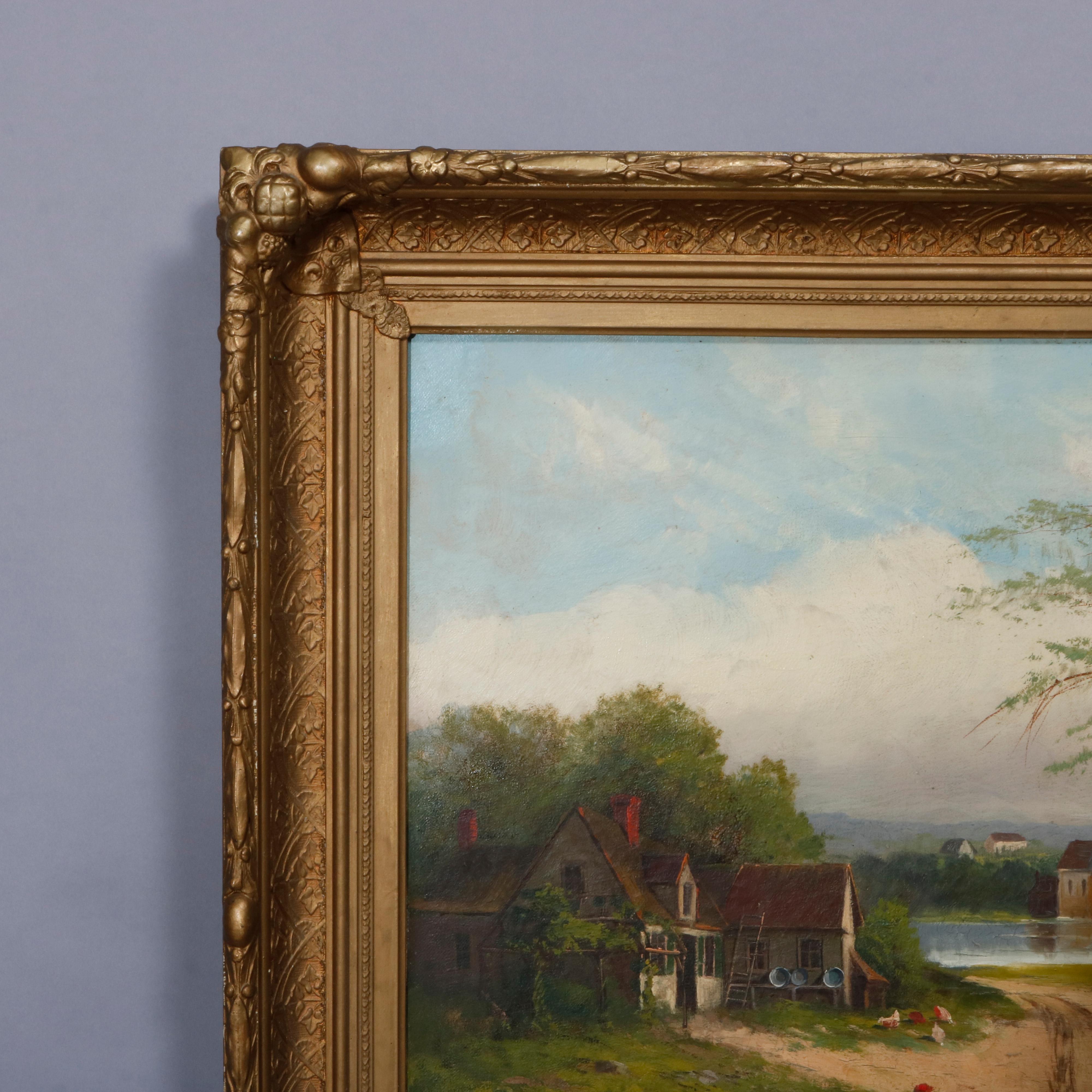 Antique Painting, Hudson River School Rural Village Scene Oil on Canvas 2