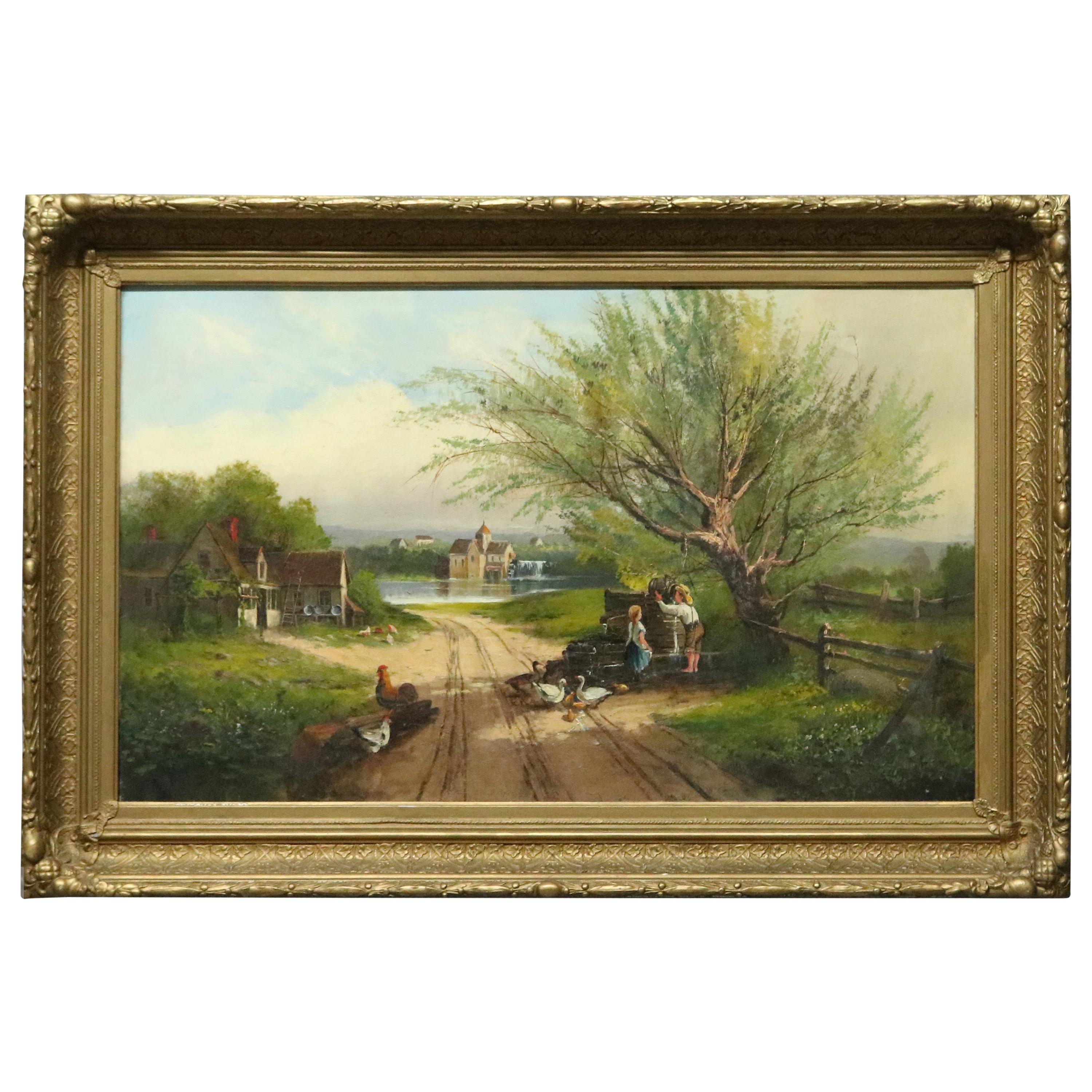Antique Painting, Hudson River School Rural Village Scene Oil on Canvas