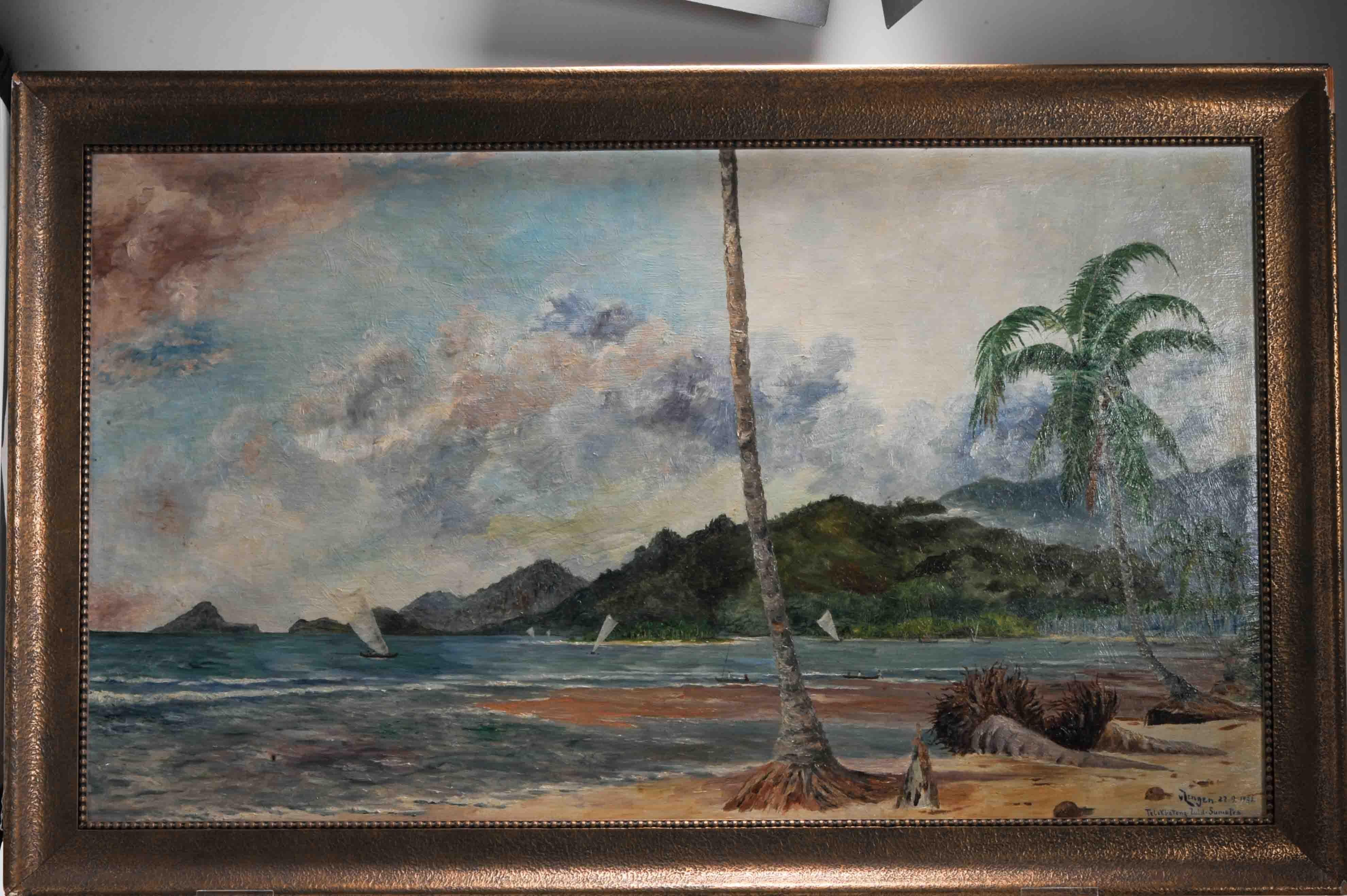 Antikes Gemälde Indonesien 1931 Sumatra Telok betong Meereslandschaft Van Zengen, Indonesien